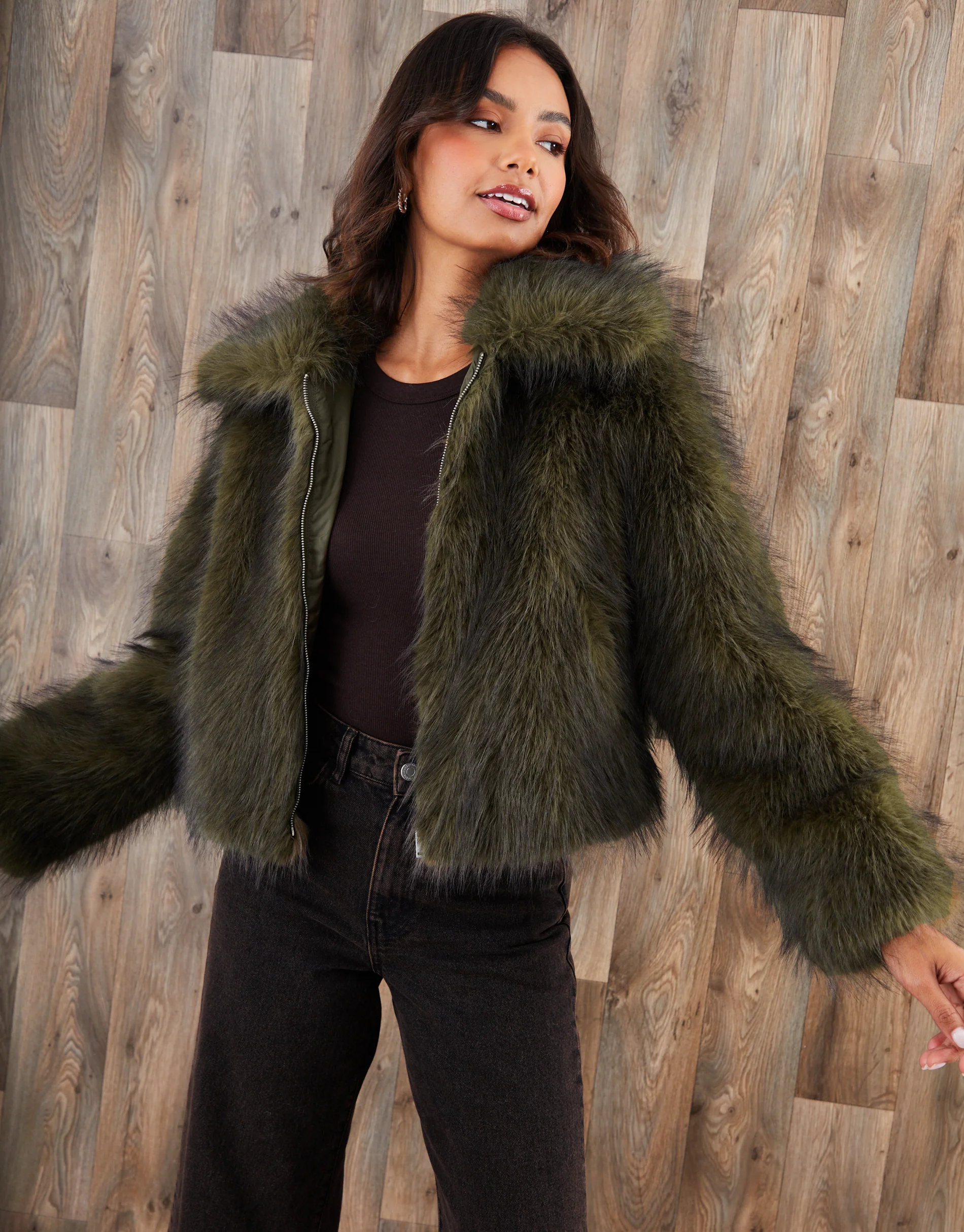 Faux Fur Zip Through Coat in Olive Green