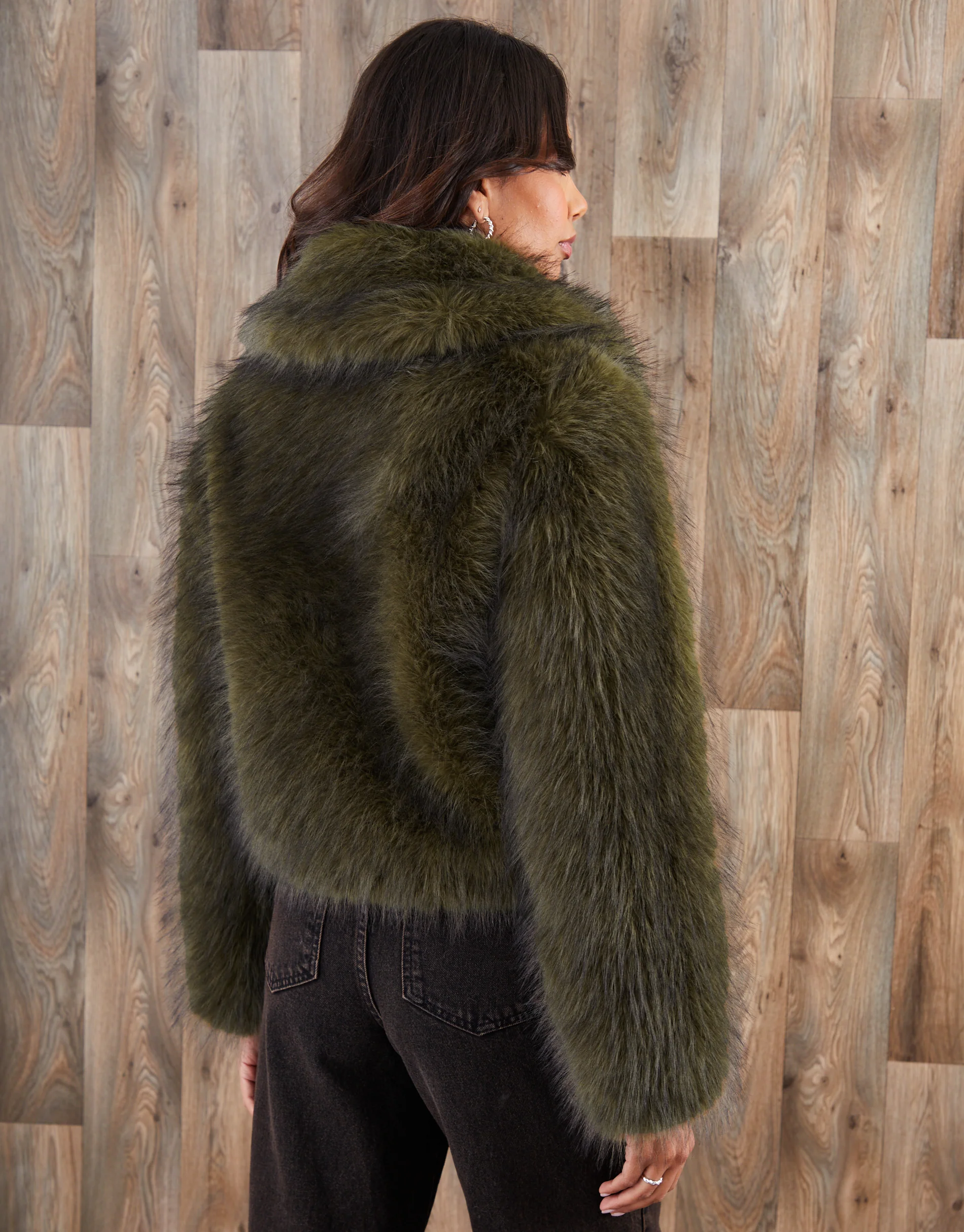 Faux Fur Zip Through Coat in Olive Green - Image 2