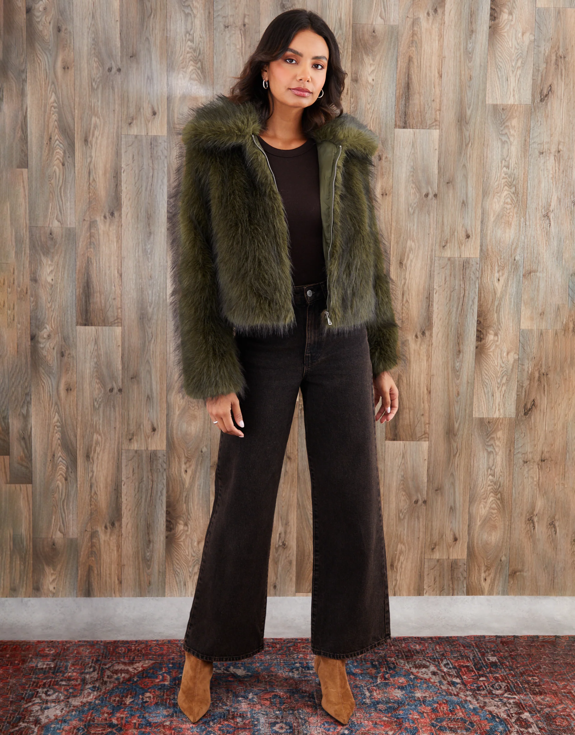 Faux Fur Zip Through Coat in Olive Green - Image 3
