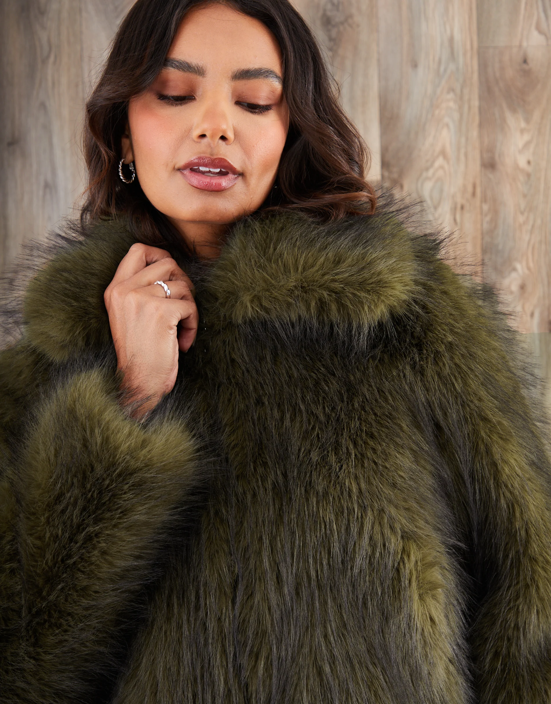 Faux Fur Zip Through Coat in Olive Green - Image 4