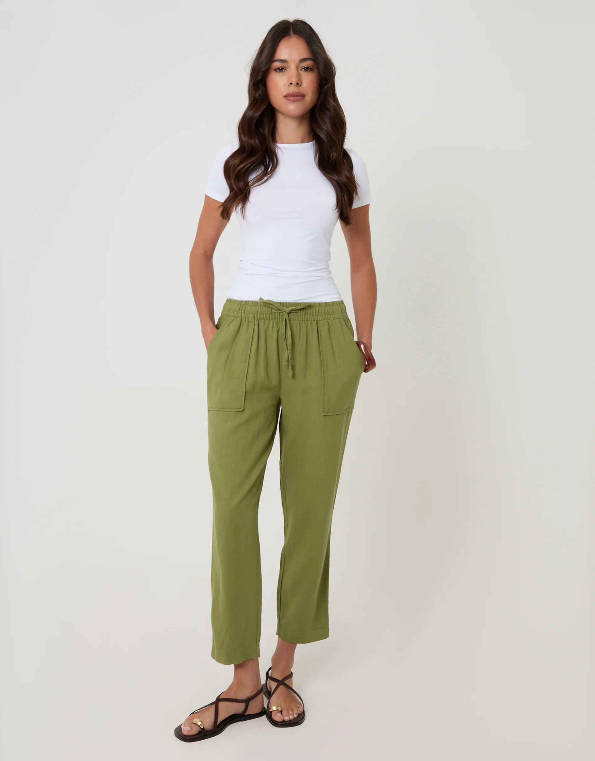 Linen Blend Drawstring Trousers in Olive Green