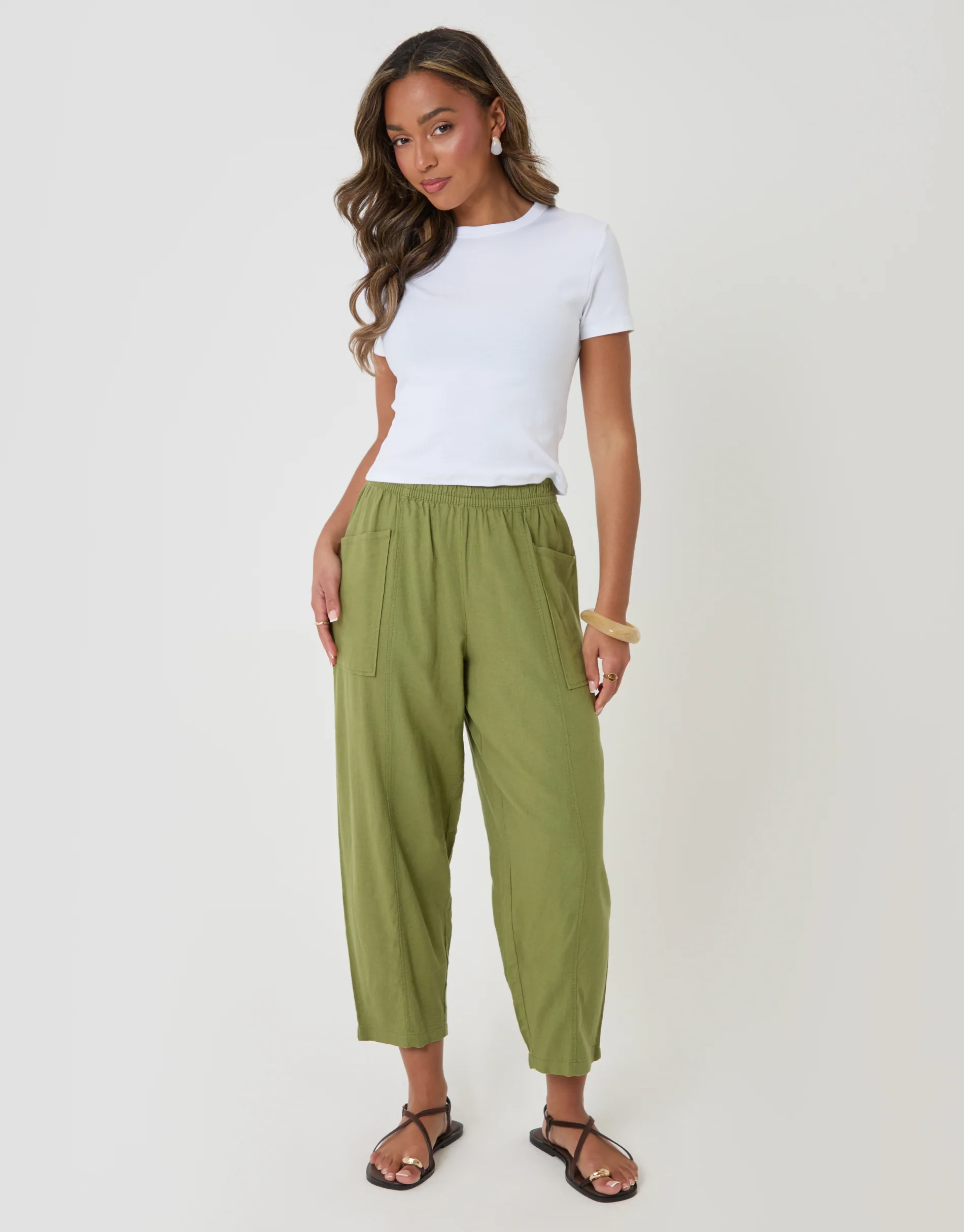 Linen Blend Pocket Detail Barrel Leg Trousers in Olive Green