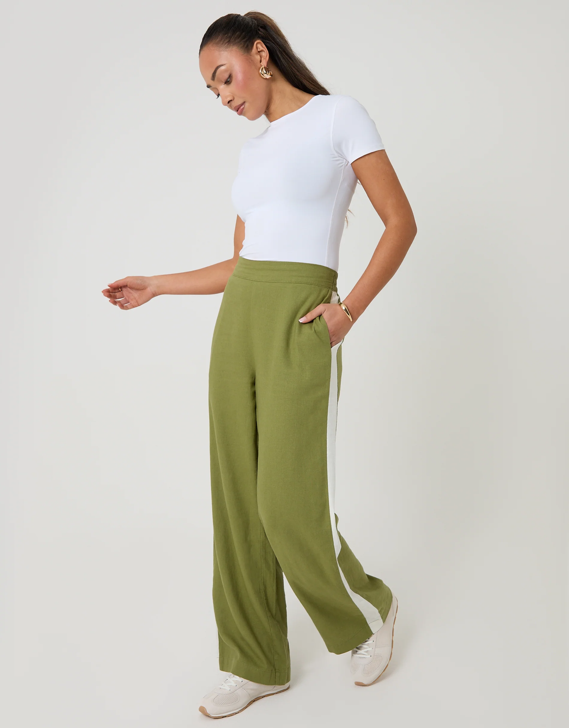 Wide Leg Side Stripe Linen Blend Trousers in Olive Green