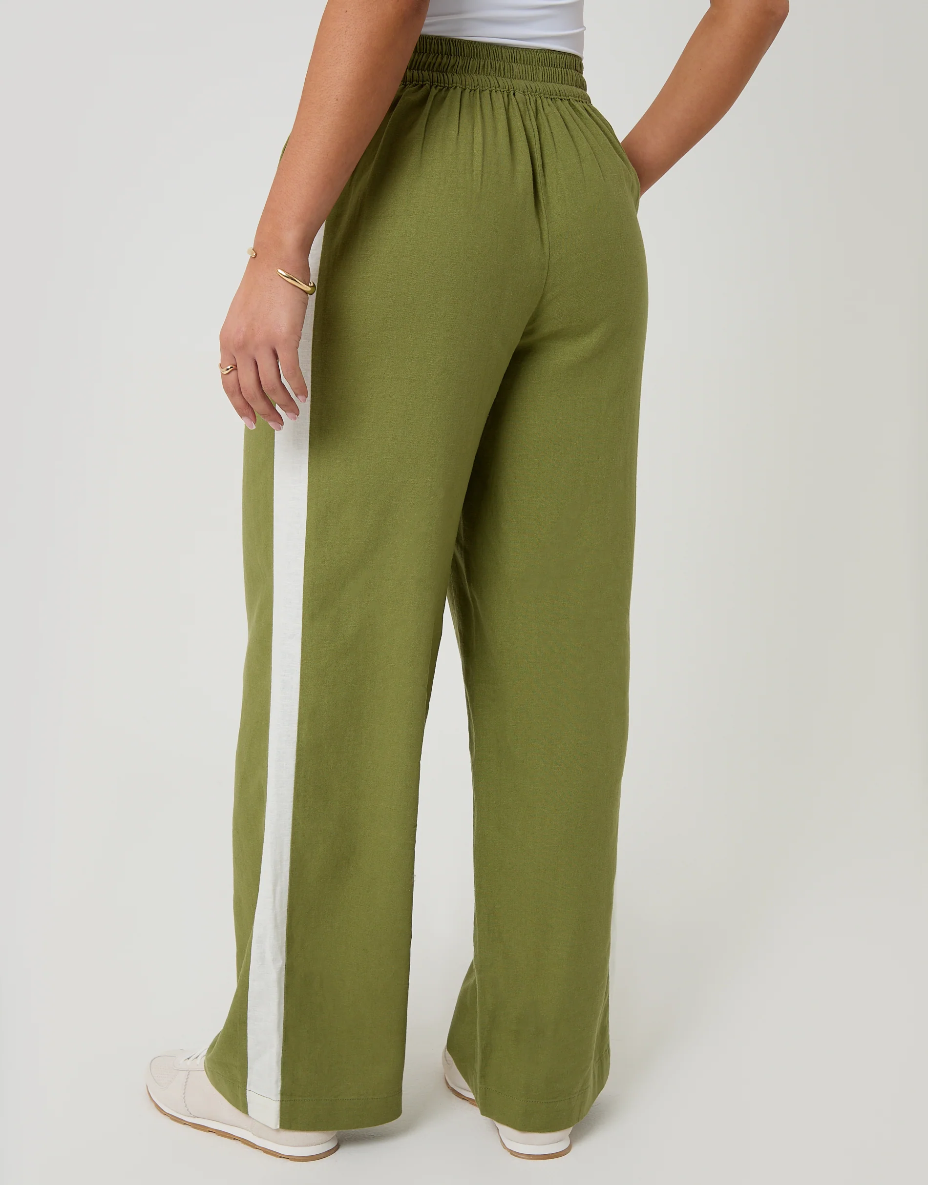 Wide Leg Side Stripe Linen Blend Trousers in Olive Green - Image 3