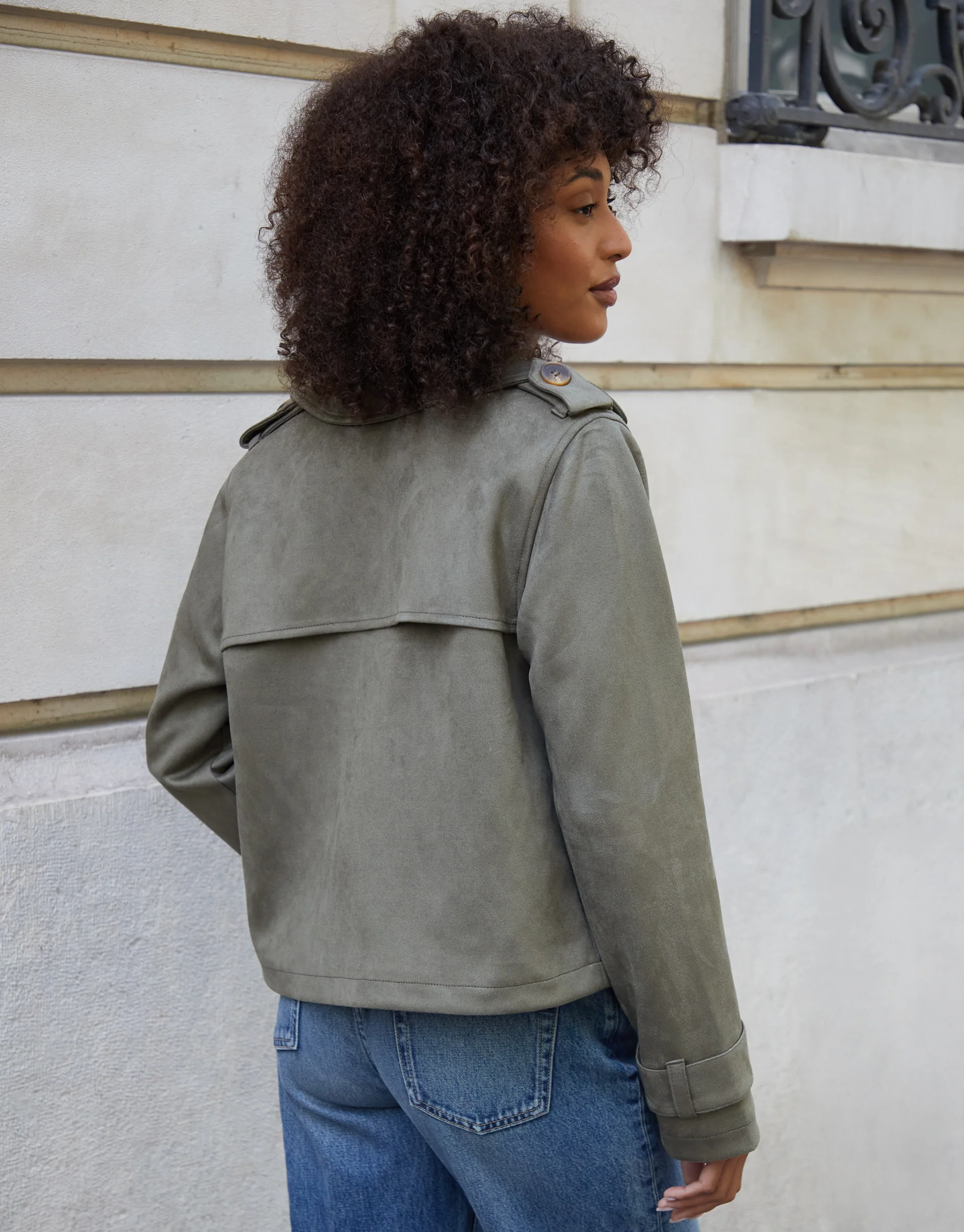 Suedette Cropped Trench Coat in Olive Green - Image 2