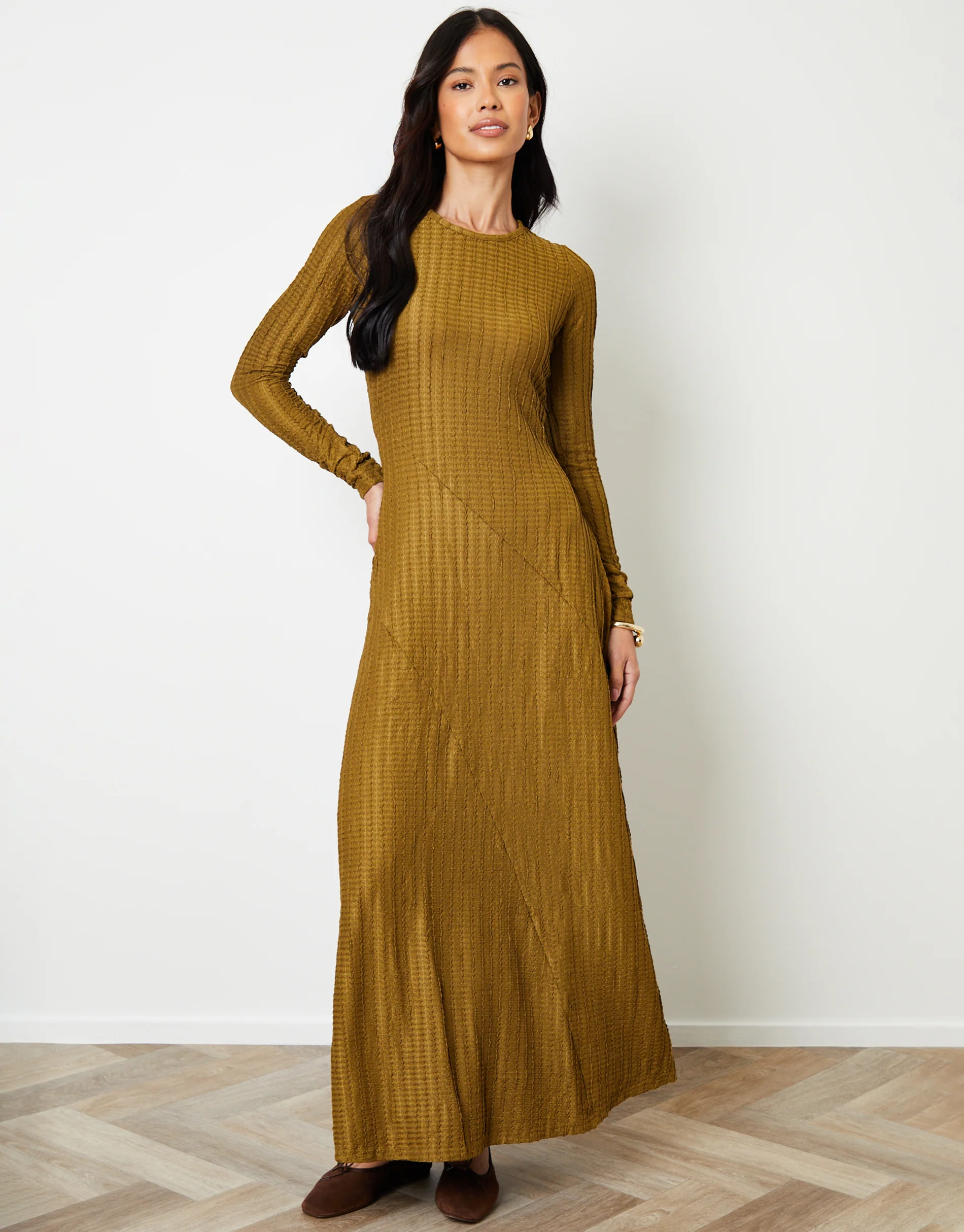 Textured Jersey Seam Detail Maxi Dress in Olive Green