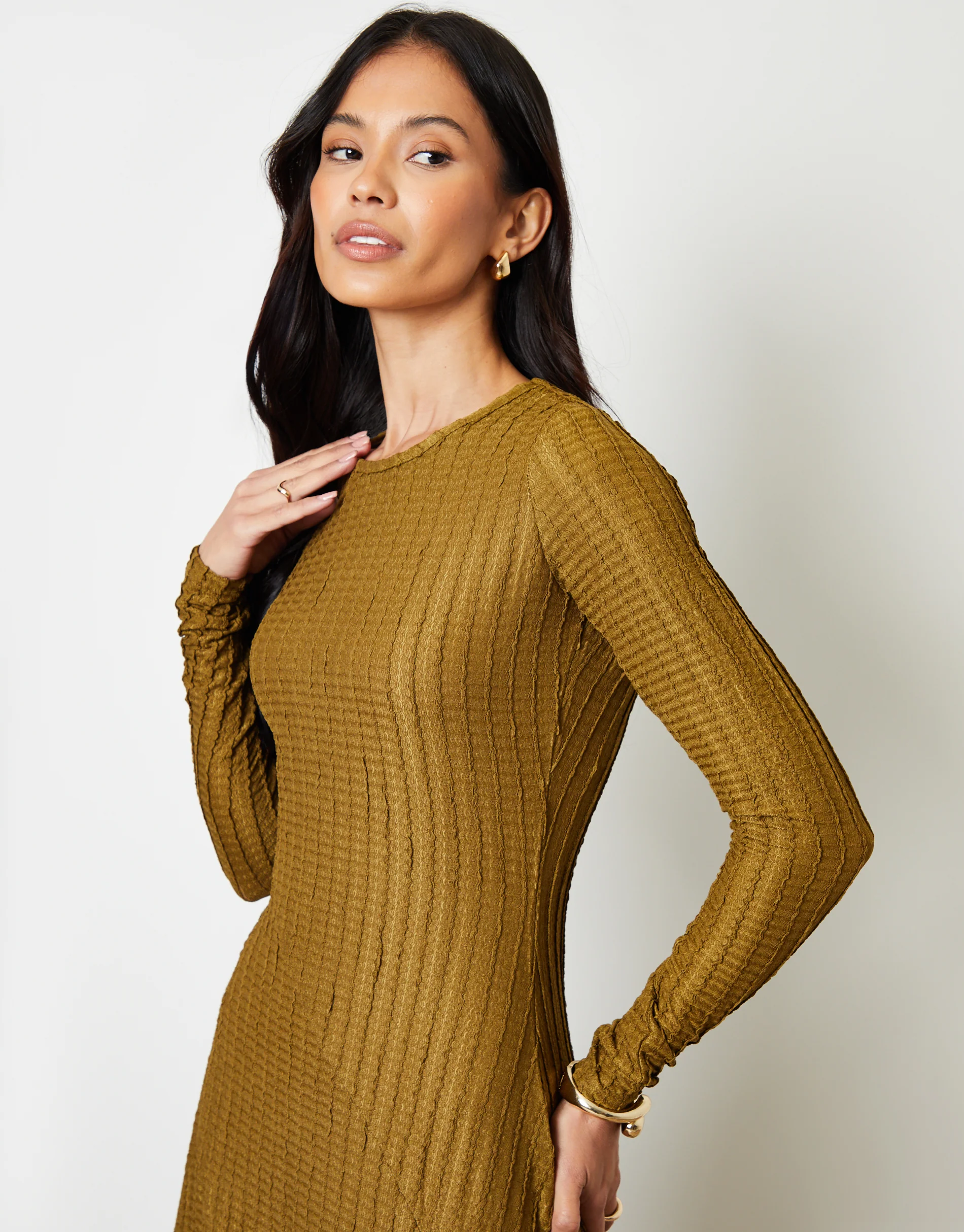 Textured Jersey Seam Detail Maxi Dress in Olive Green - Image 2