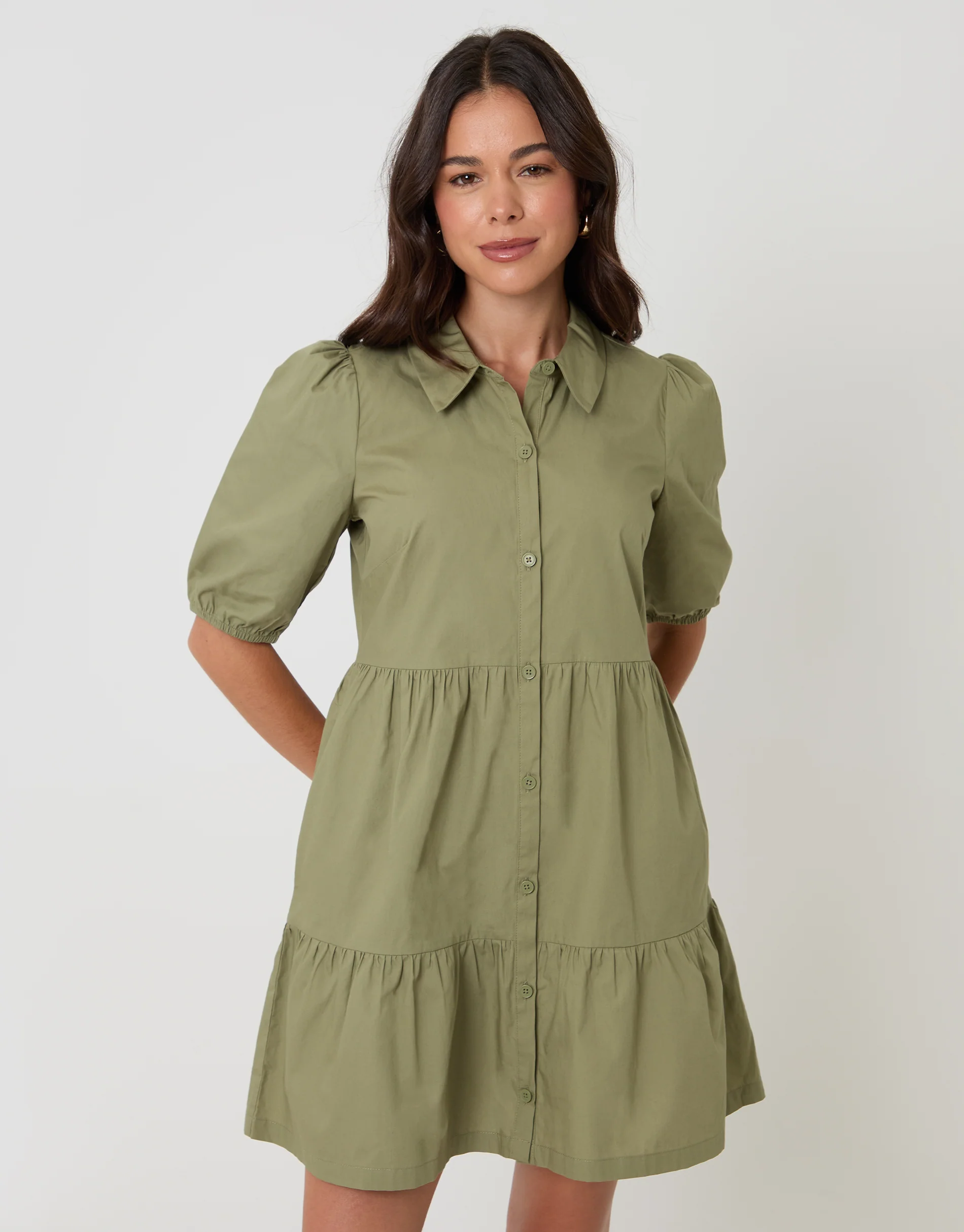 Tiered Cotton Poplin Button Up Mini Dress in Olive Green
