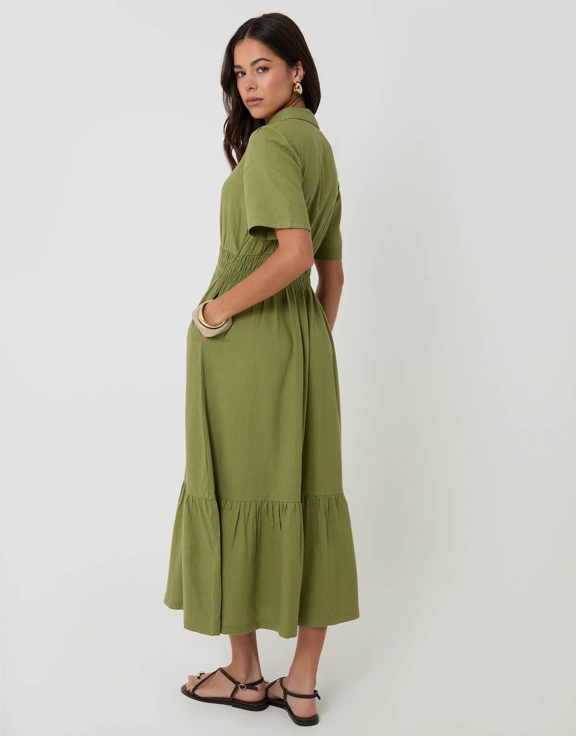 Tiered Linen Blend V Neck Maxi Dress in Olive Green - Image 3