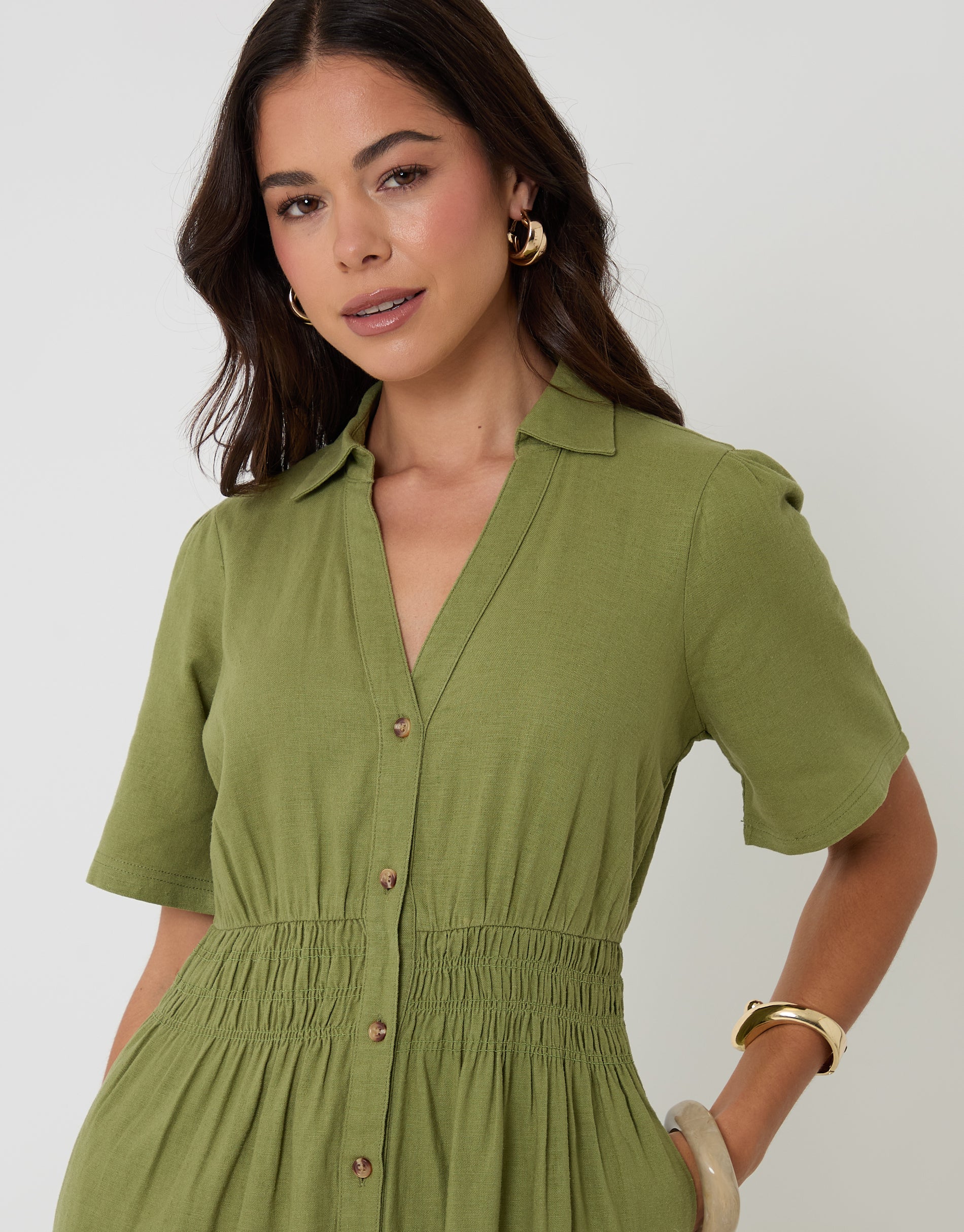 Tiered Linen Blend V Neck Maxi Dress in Olive Green - Image 4