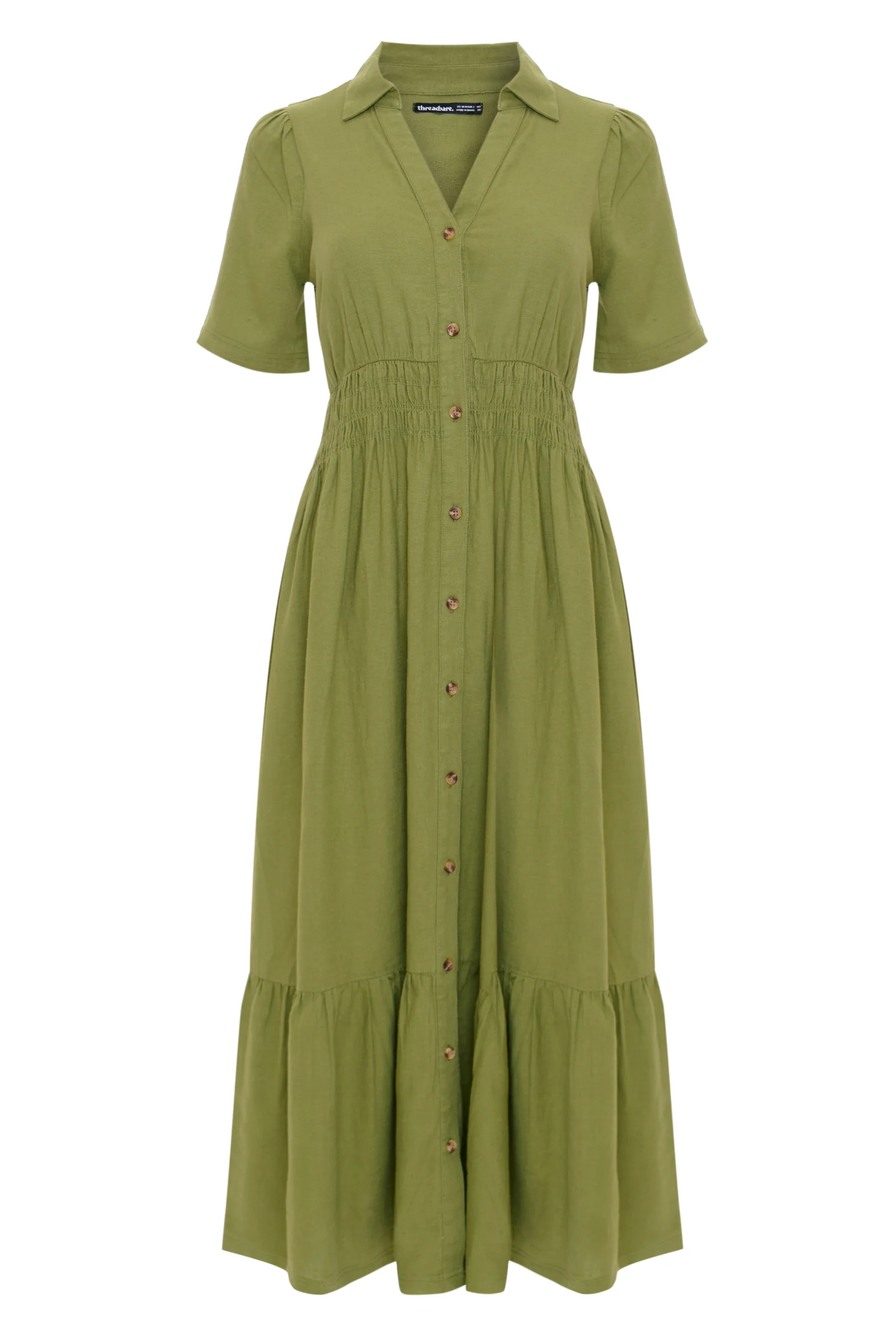 Tiered Linen Blend V Neck Maxi Dress in Olive Green - Image 5