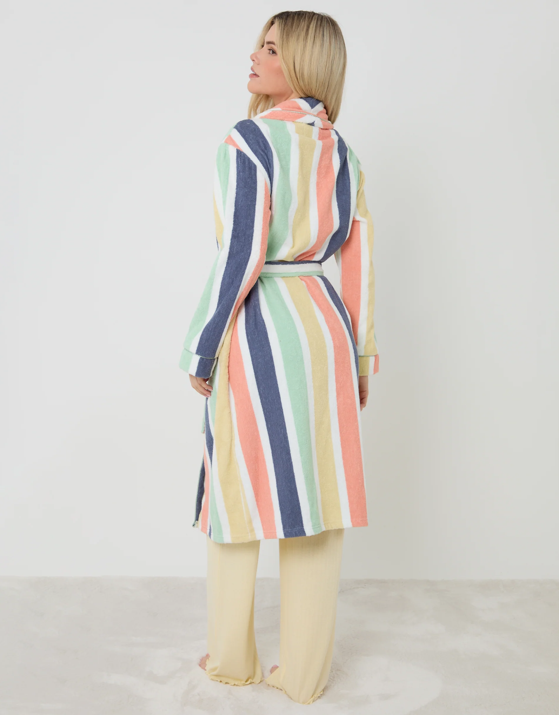 Towelling Midi Dressing Gown in Pastel Stripe - Image 3
