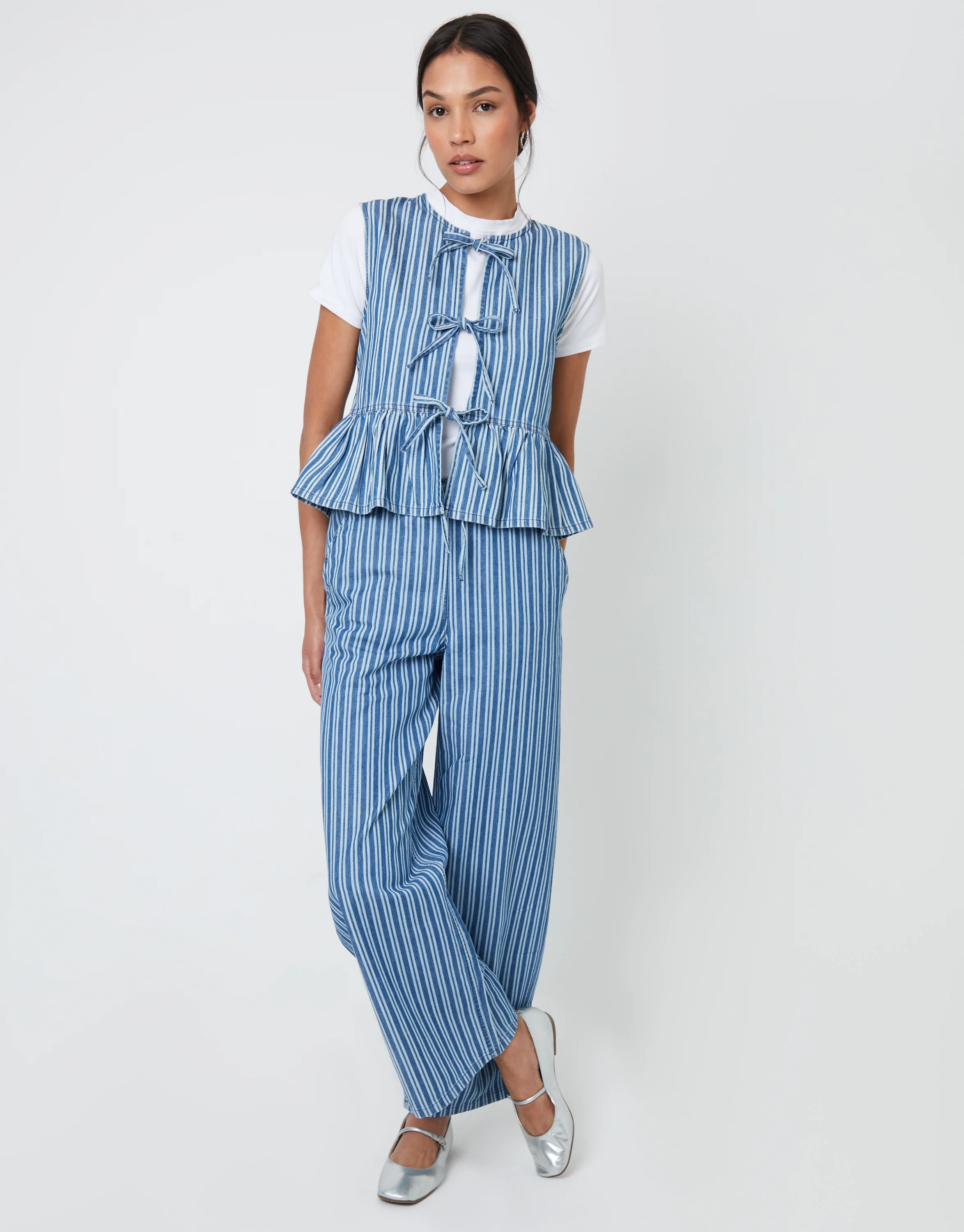 Petite Baggy Leg Denim Trousers in Mid Wash Stripe - Image 3