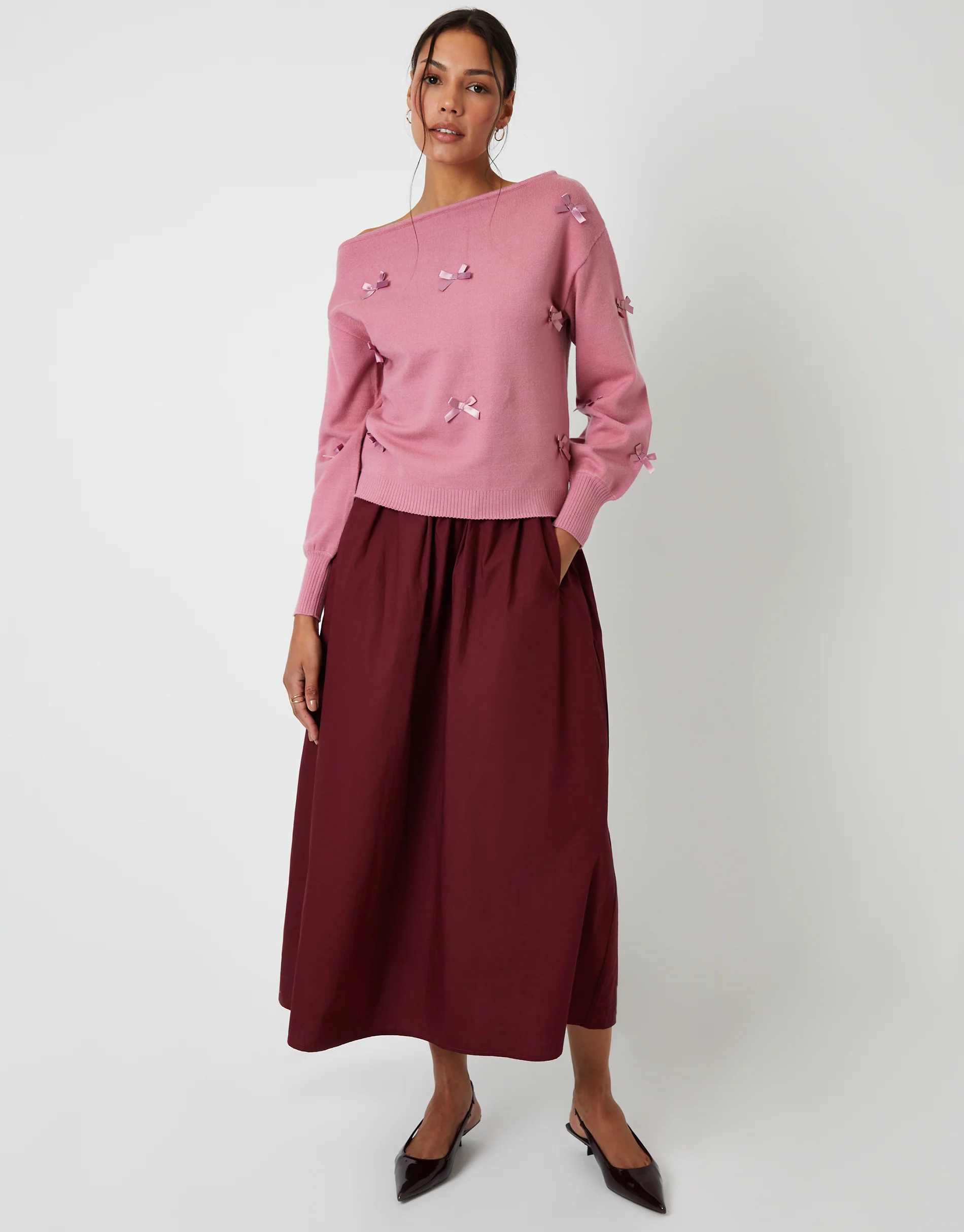 Bow Embellished Slash Neck Jumper in Pink - Image 5