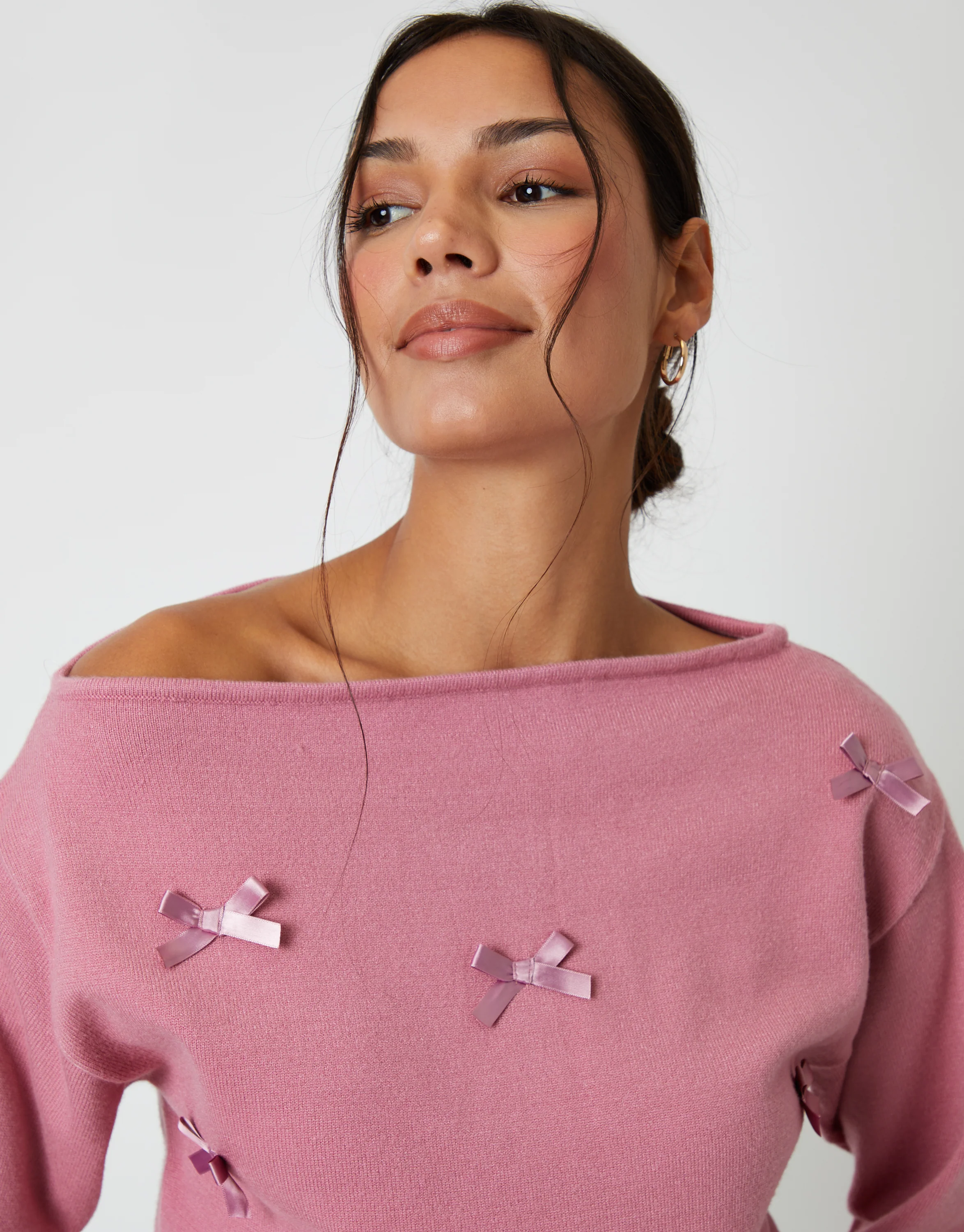 Bow Embellished Slash Neck Jumper in Pink - Image 6