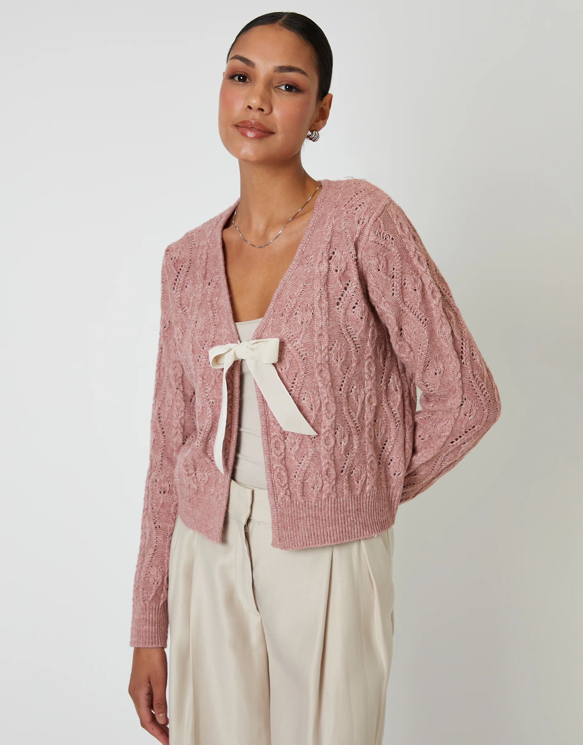Cable Knit Velvet Bow Detail Cardigan in Pink