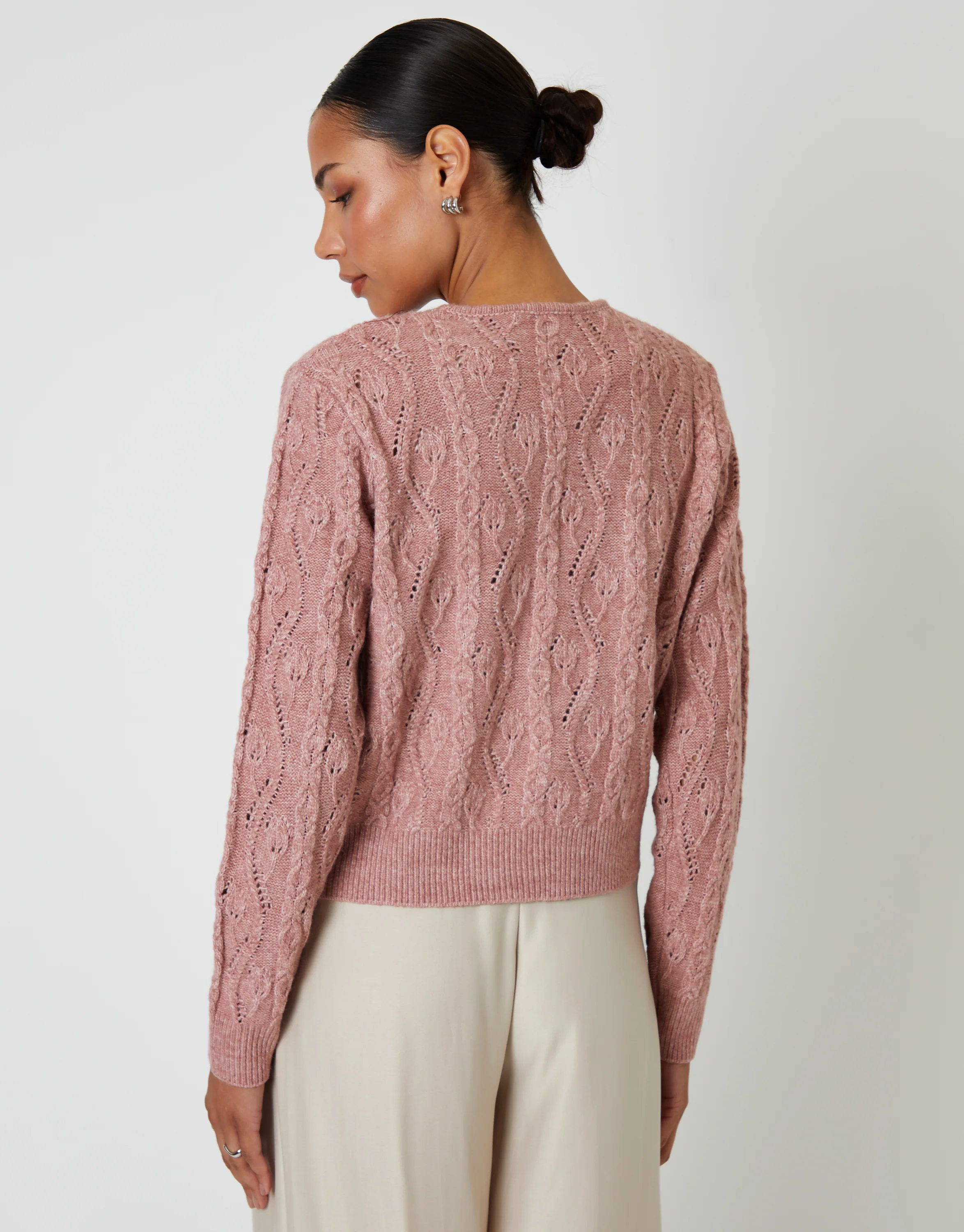 Cable Knit Velvet Bow Detail Cardigan in Pink - Image 2