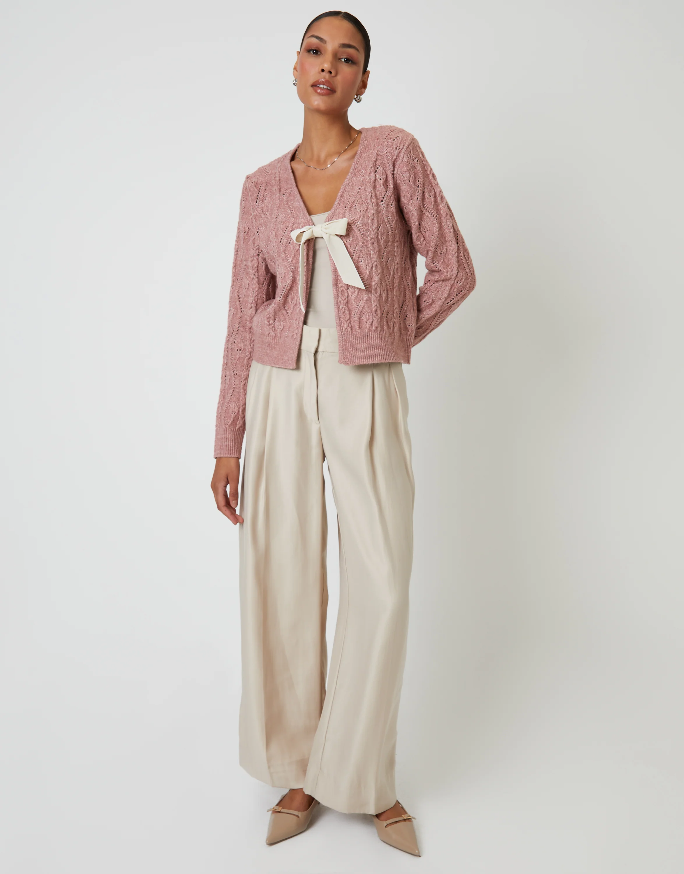 Cable Knit Velvet Bow Detail Cardigan in Pink - Image 3