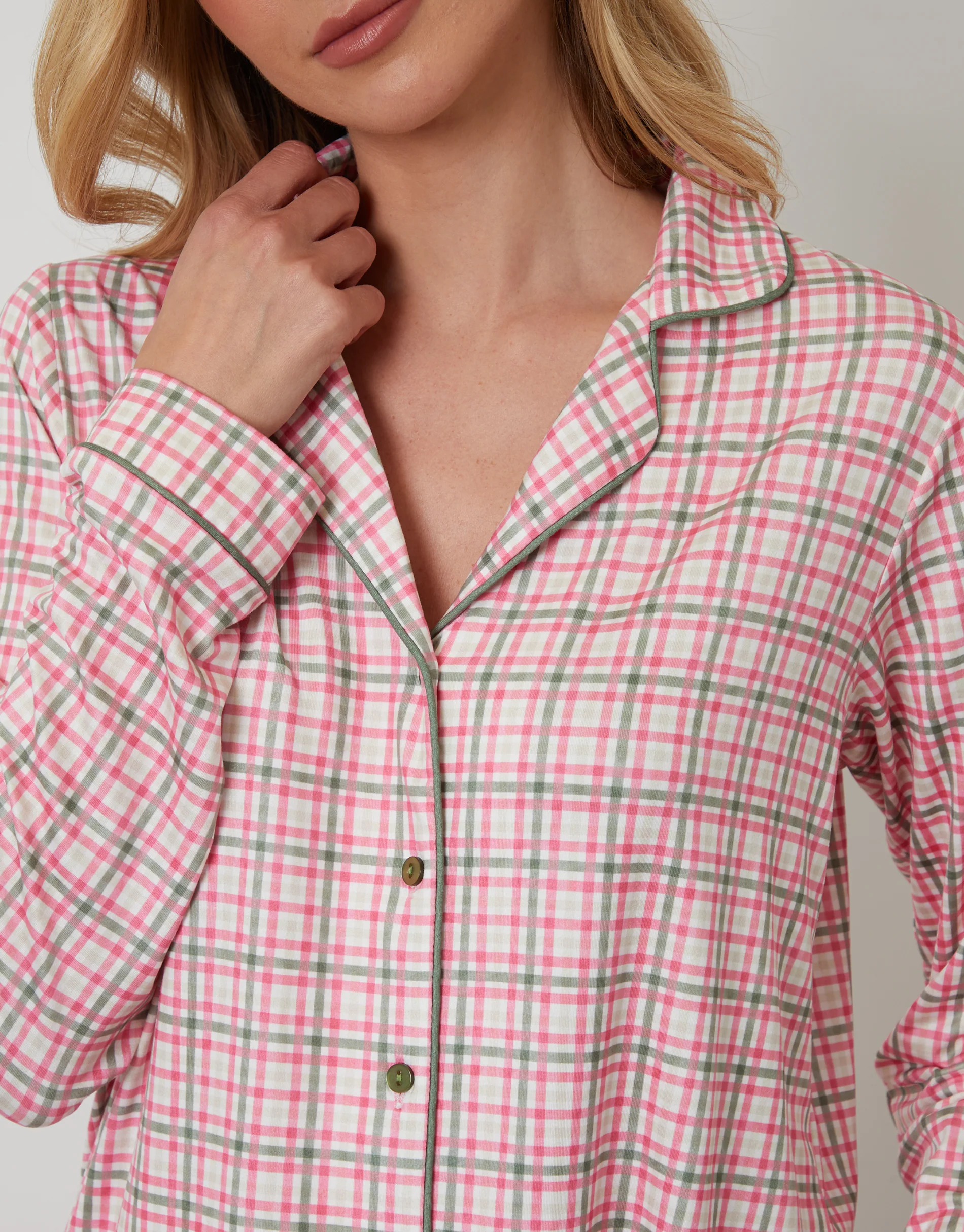 Check Long Button-Through Pyjama Set in Pink - Image 2