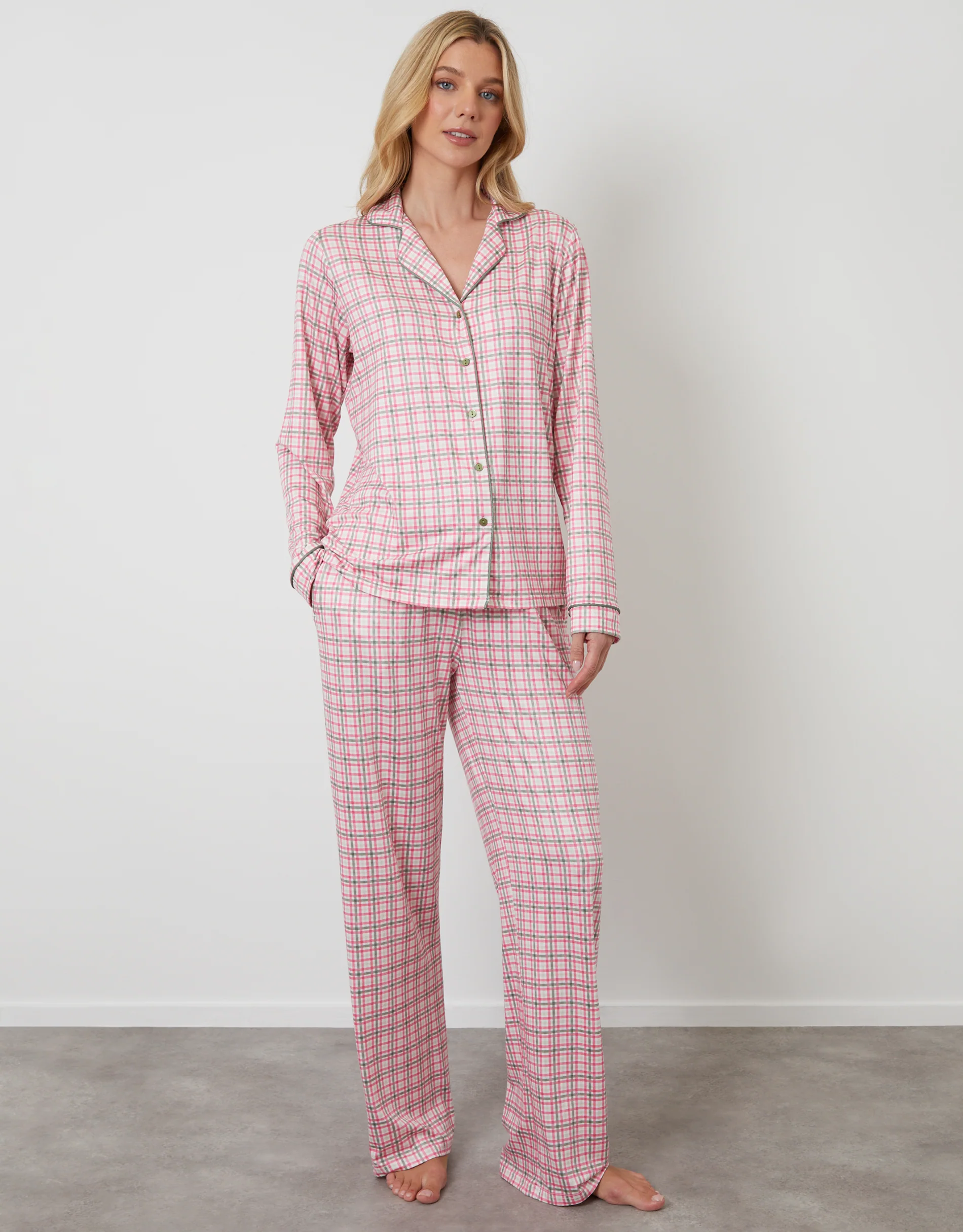 Check Long Button-Through Pyjama Set in Pink - Image 3
