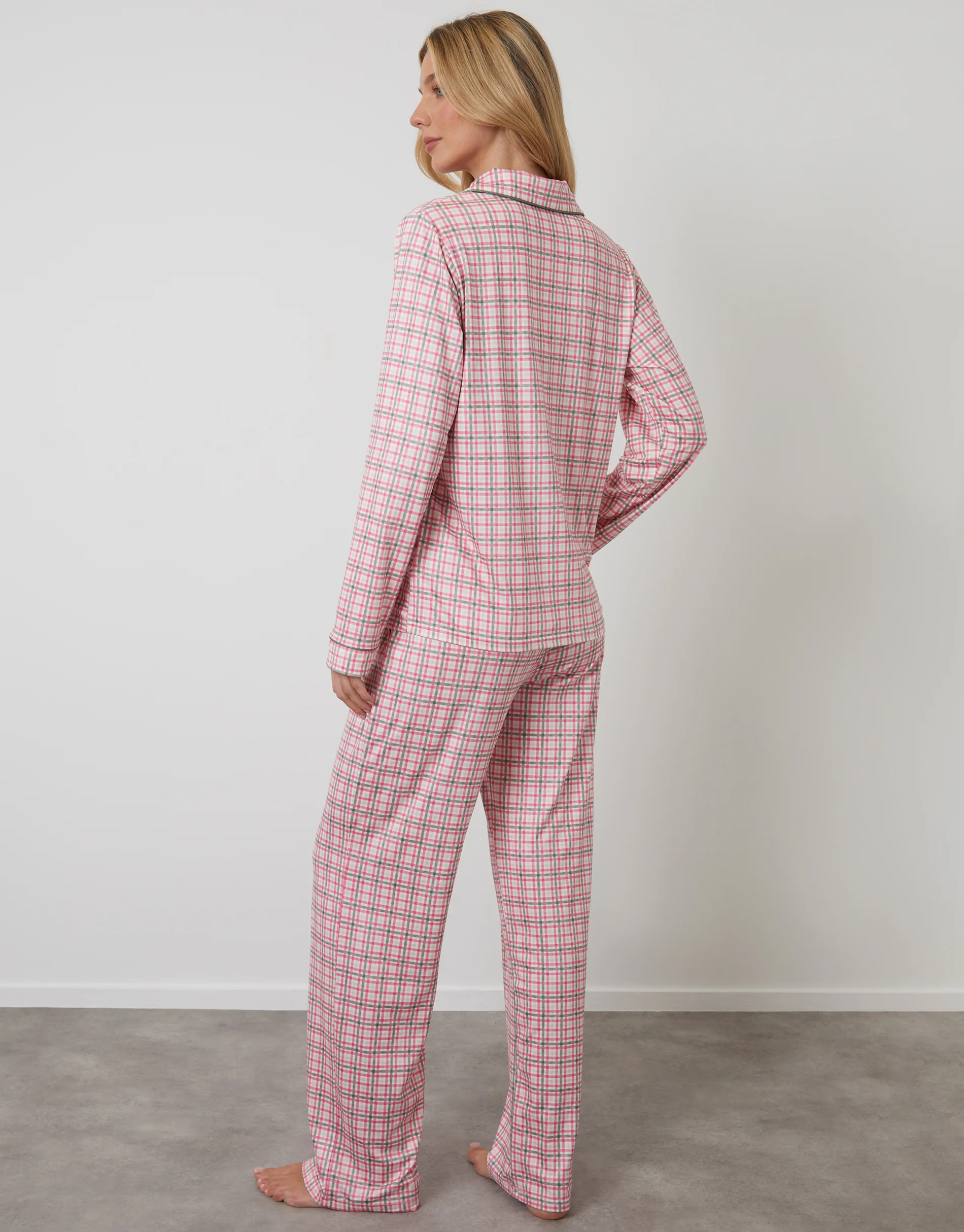 Check Long Button-Through Pyjama Set in Pink - Image 4