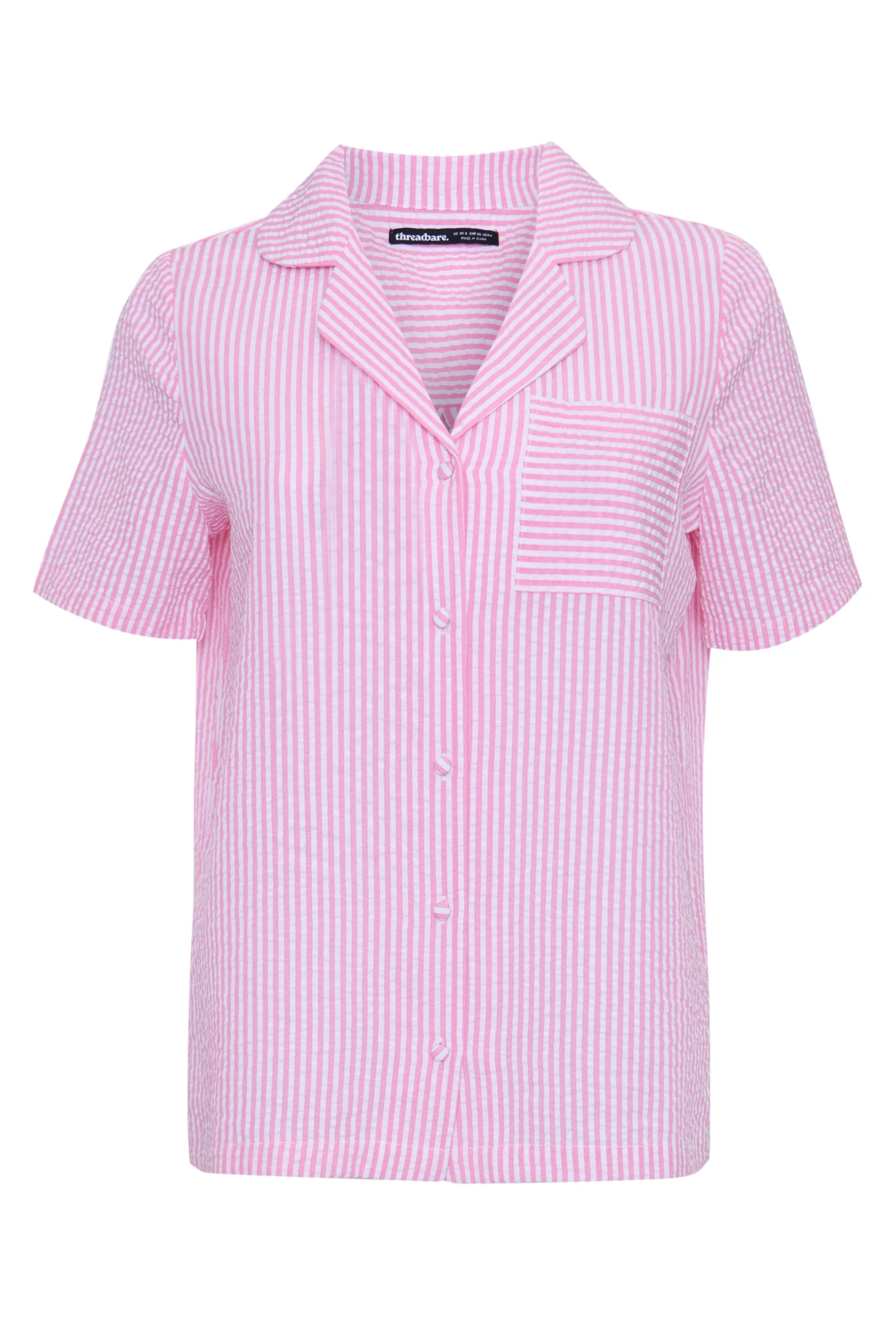 Seersucker Button Up Pyjama Set in Pink Stripe - Image 6
