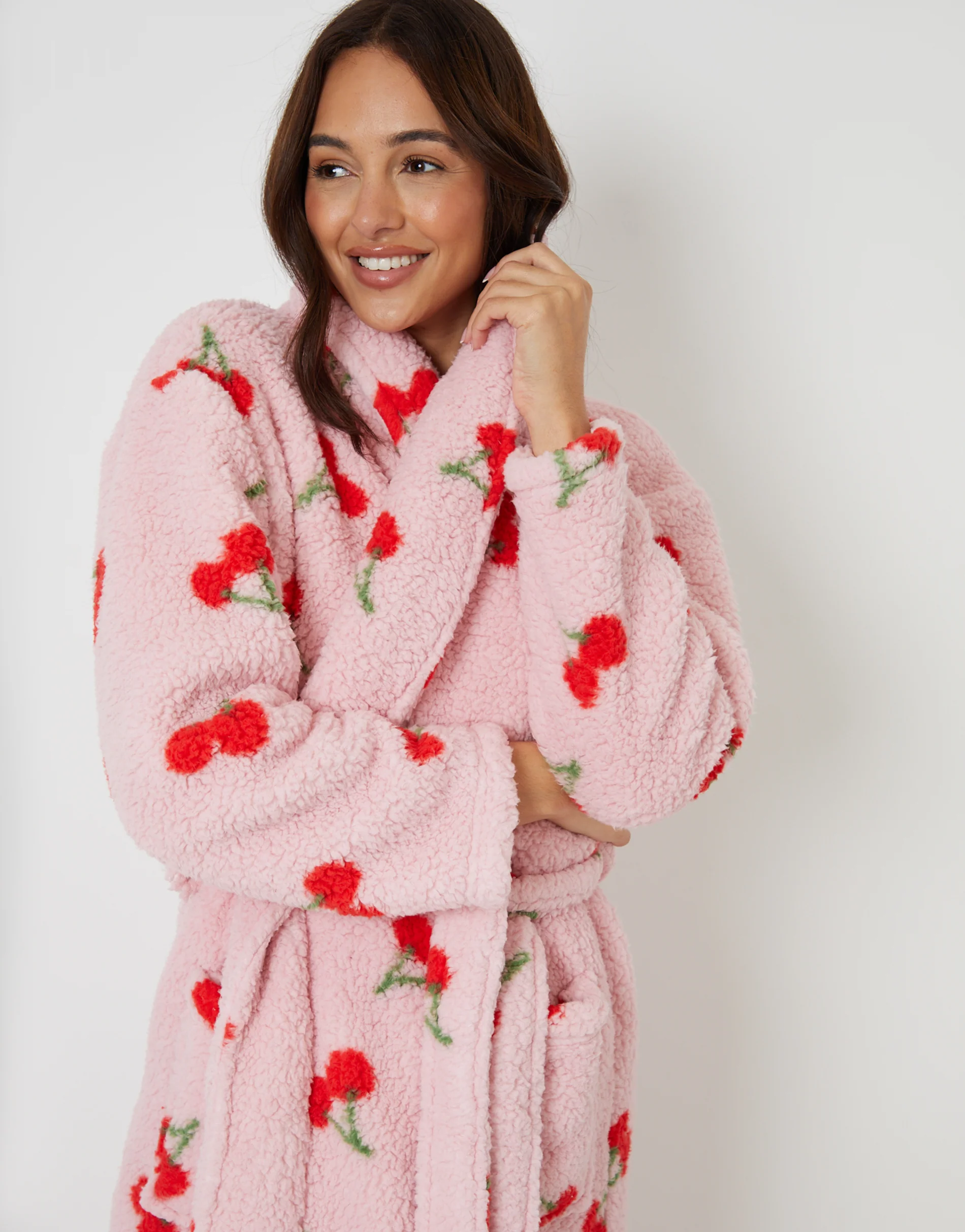 Cherry Print Borg Dressing Gown in Pink