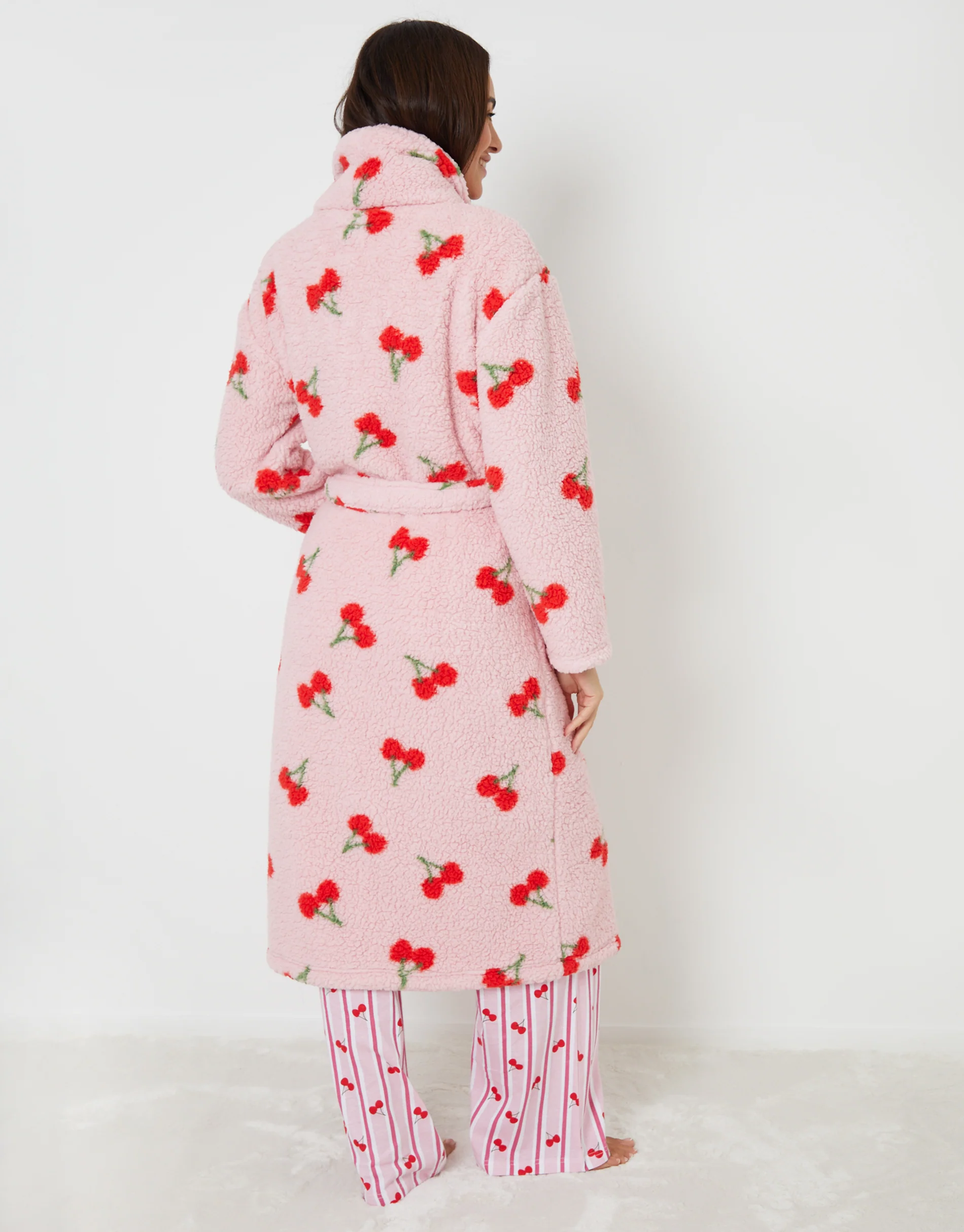 Cherry Print Borg Dressing Gown in Pink - Image 3