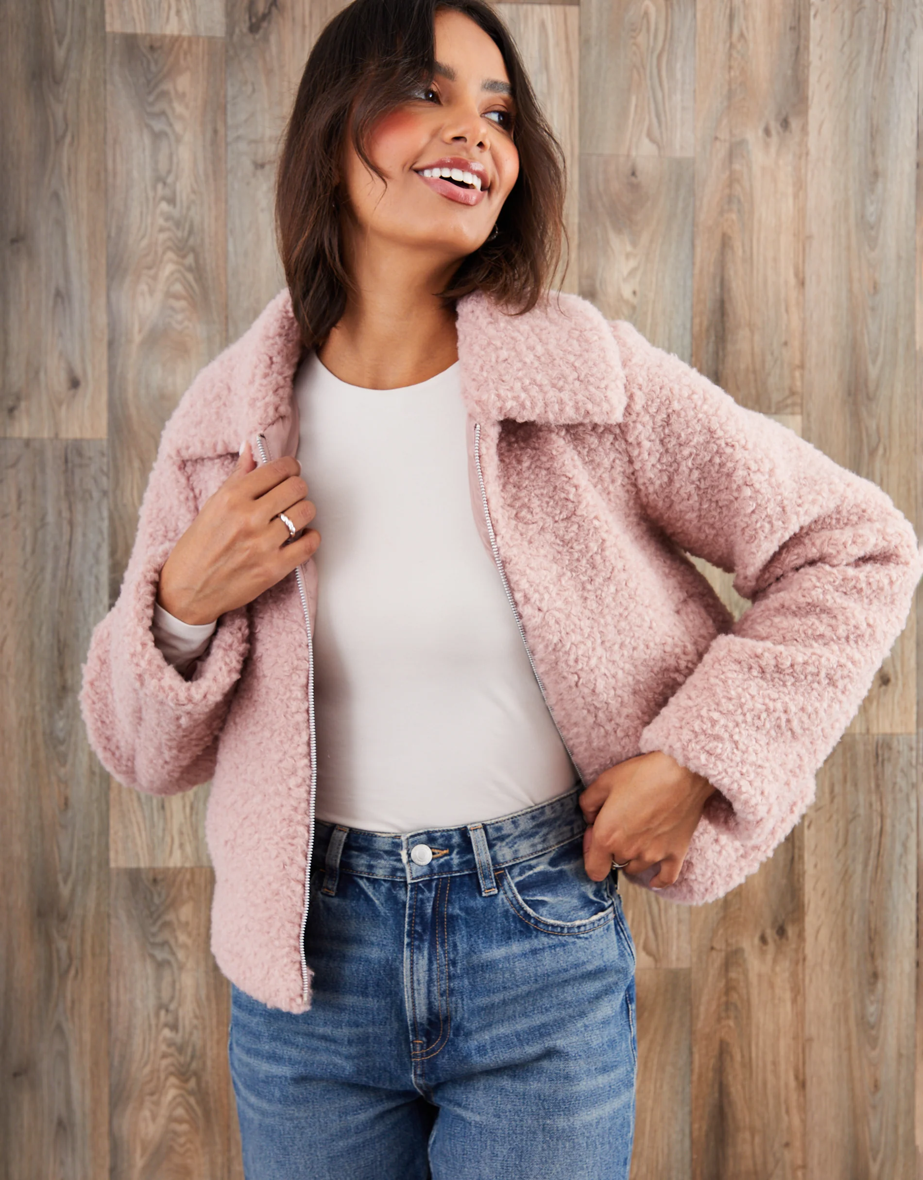 Collared Zip Up Borg Bomber Jacket in Pink