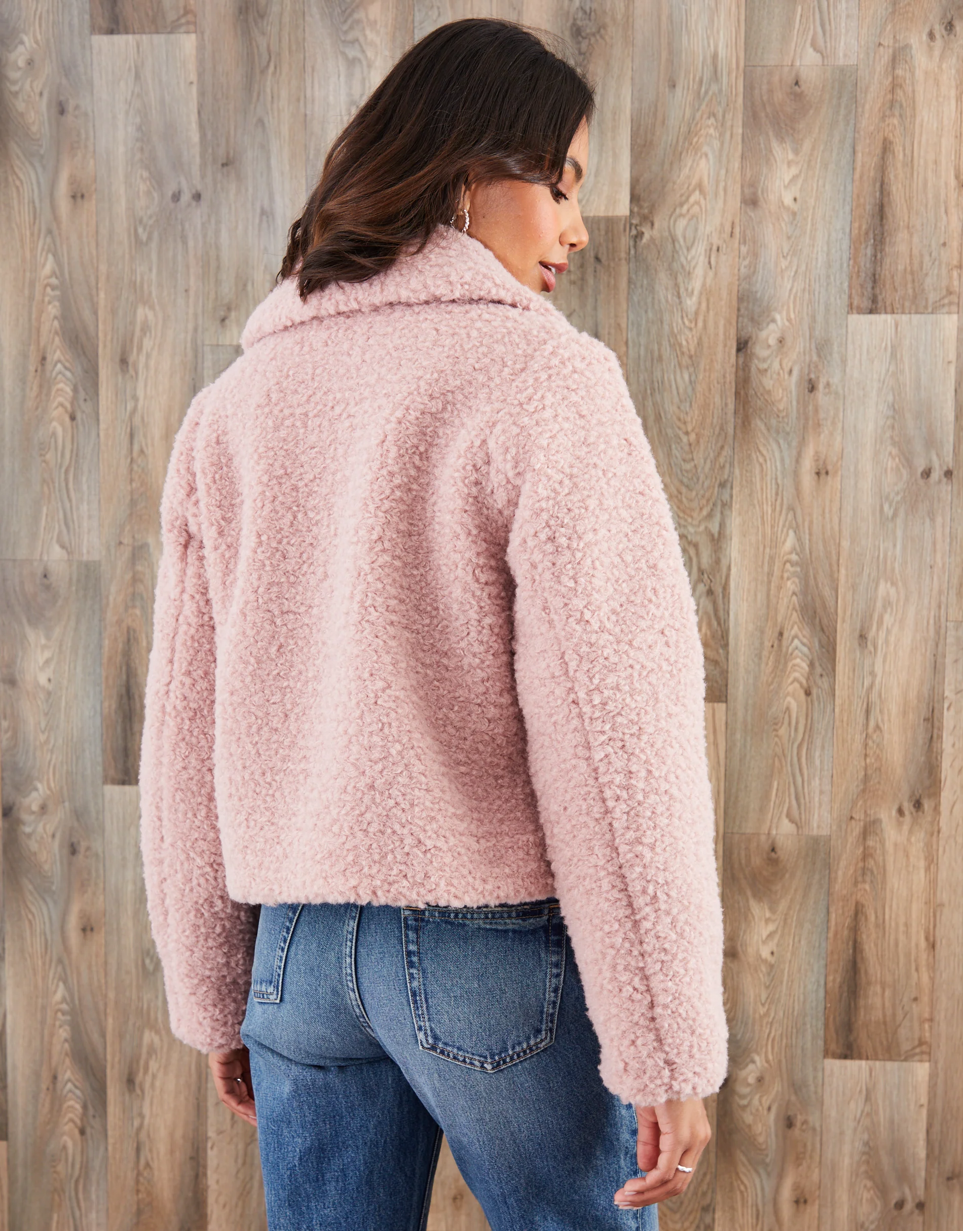 Collared Zip Up Borg Bomber Jacket in Pink - Image 2