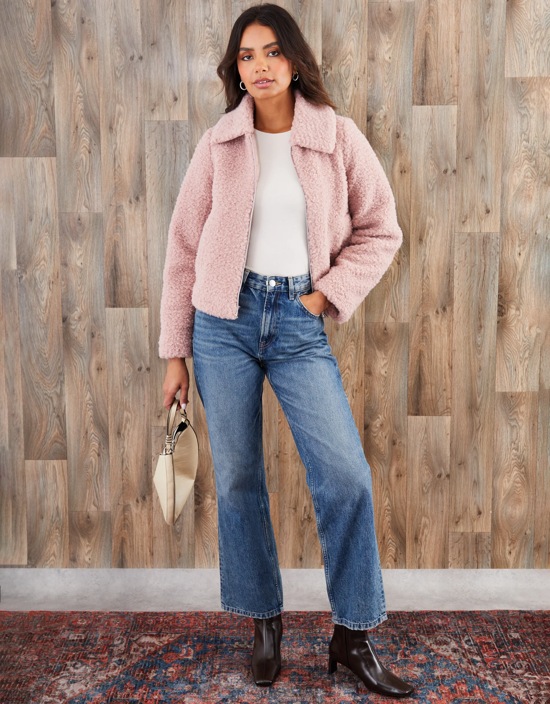 Collared Zip Up Borg Bomber Jacket in Pink - Image 3
