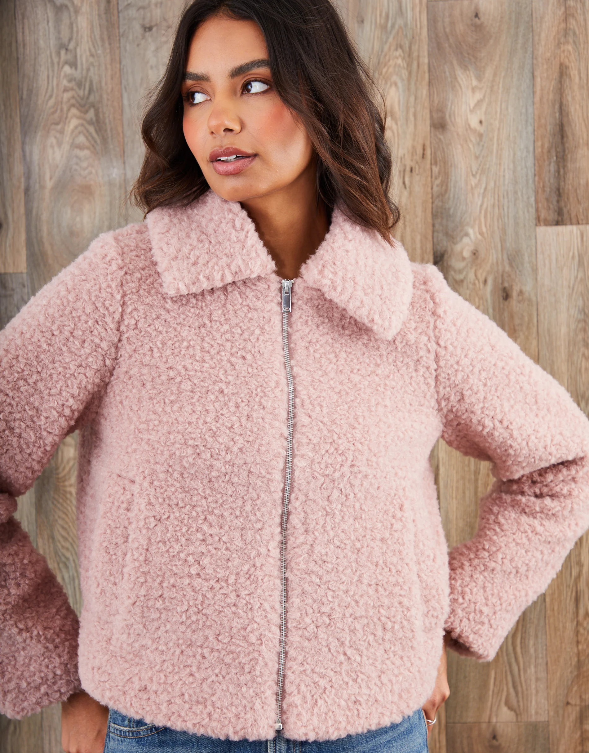 Collared Zip Up Borg Bomber Jacket in Pink - Image 4