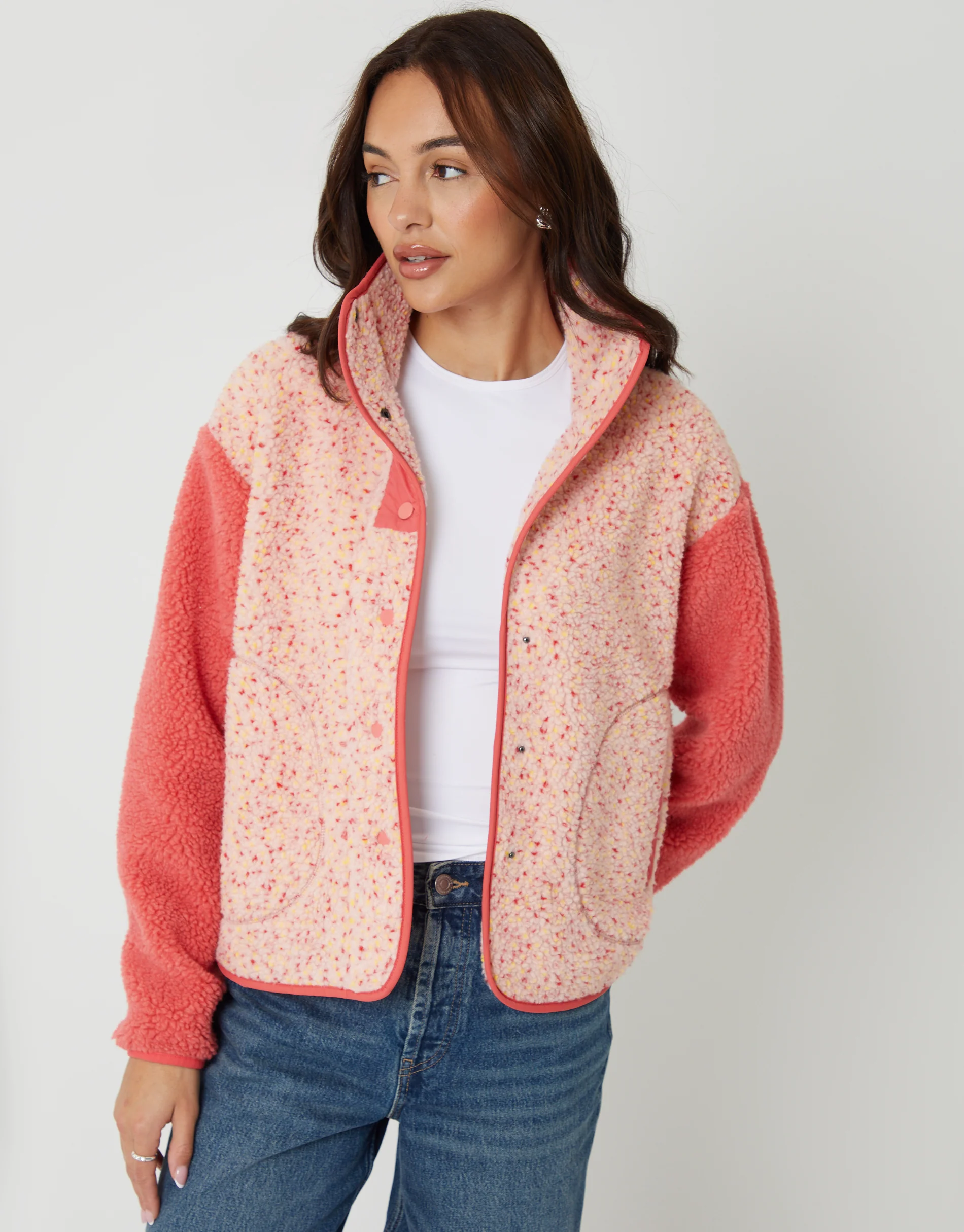Colourblock Snap Borg Fleece in Pink