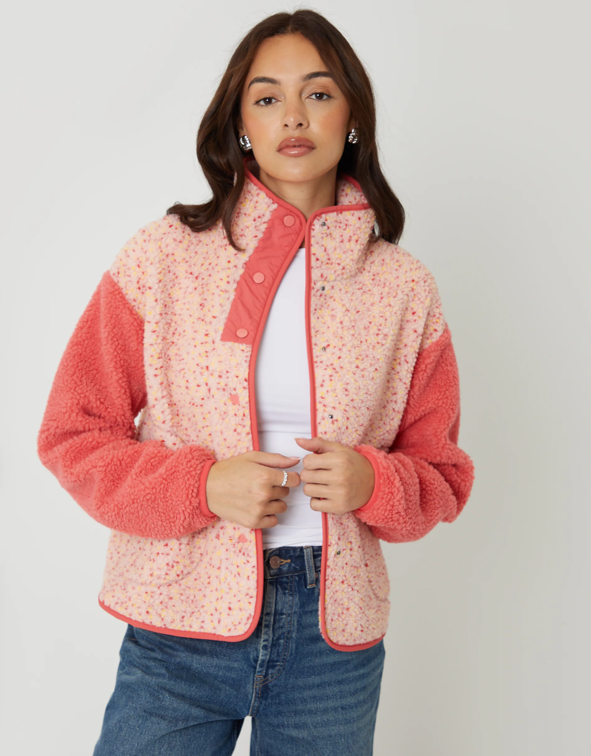 Colourblock Snap Borg Fleece in Pink - Image 5