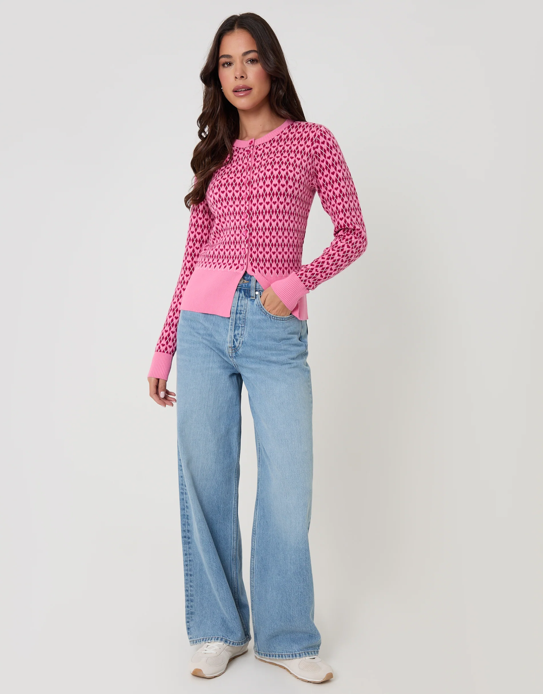 Crew Neck Argyle Heart Print Cardigan in Pink - Image 3