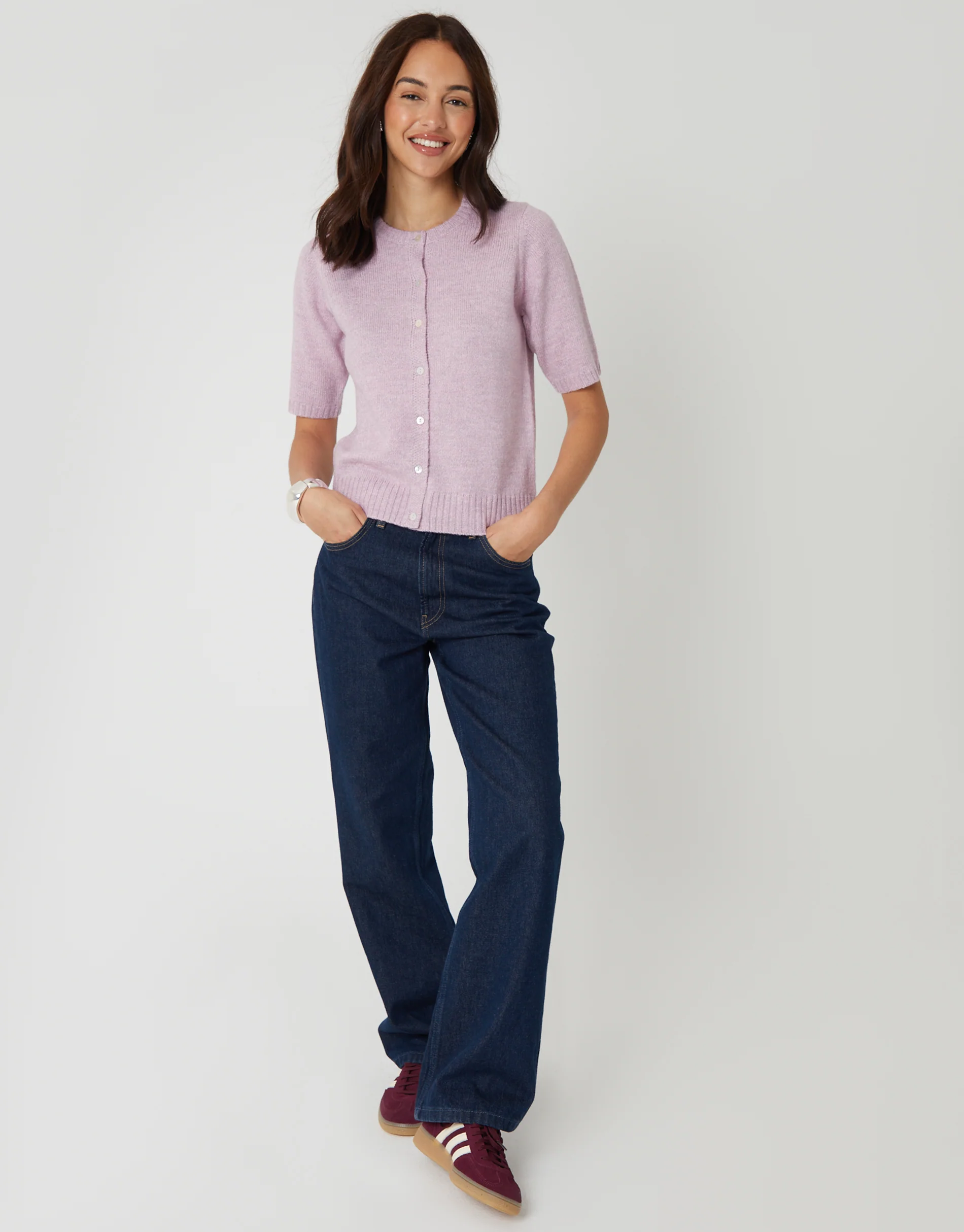 Crew Neck Short Sleeve Knitted Cardigan in Pink - Image 3