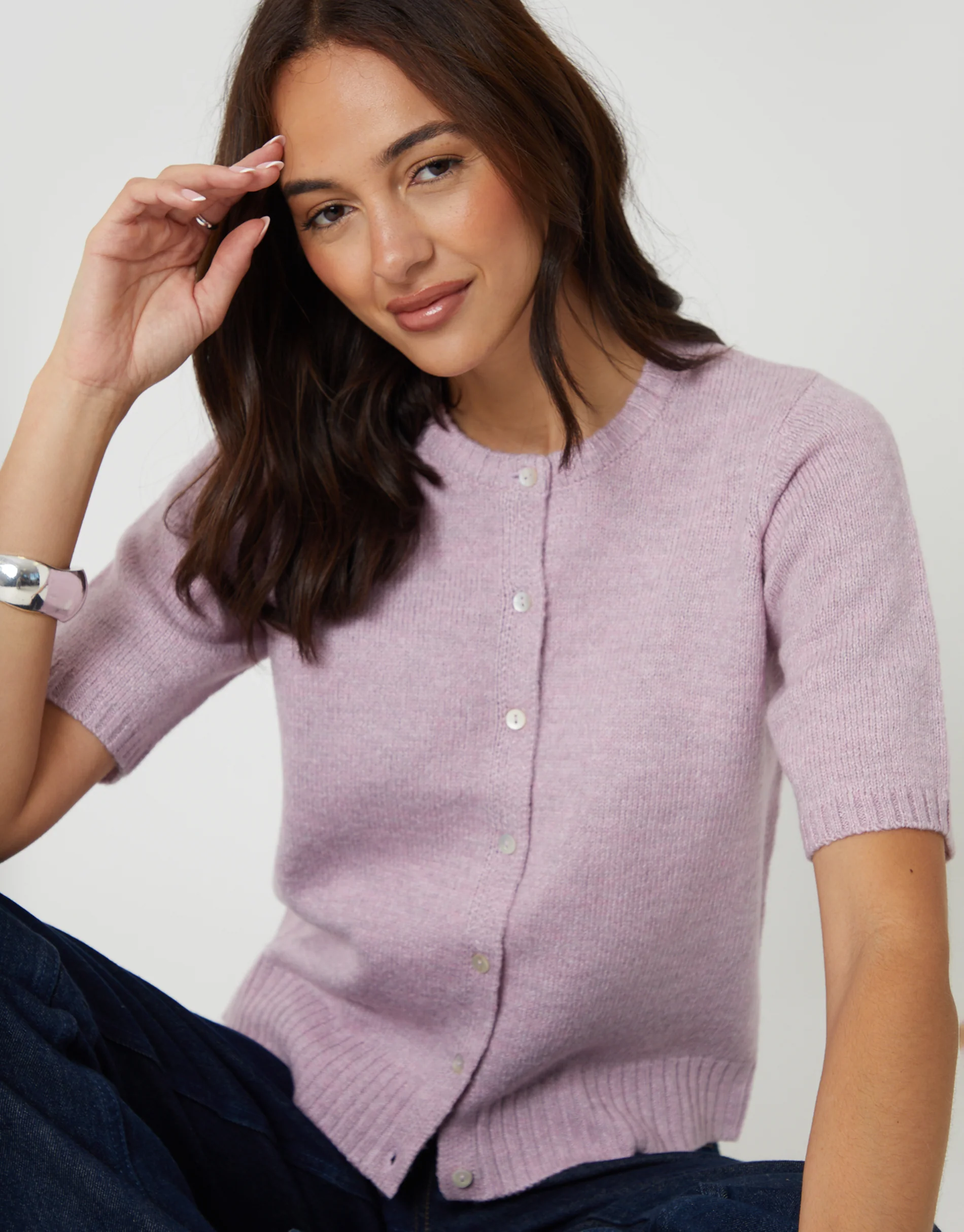 Crew Neck Short Sleeve Knitted Cardigan in Pink - Image 5