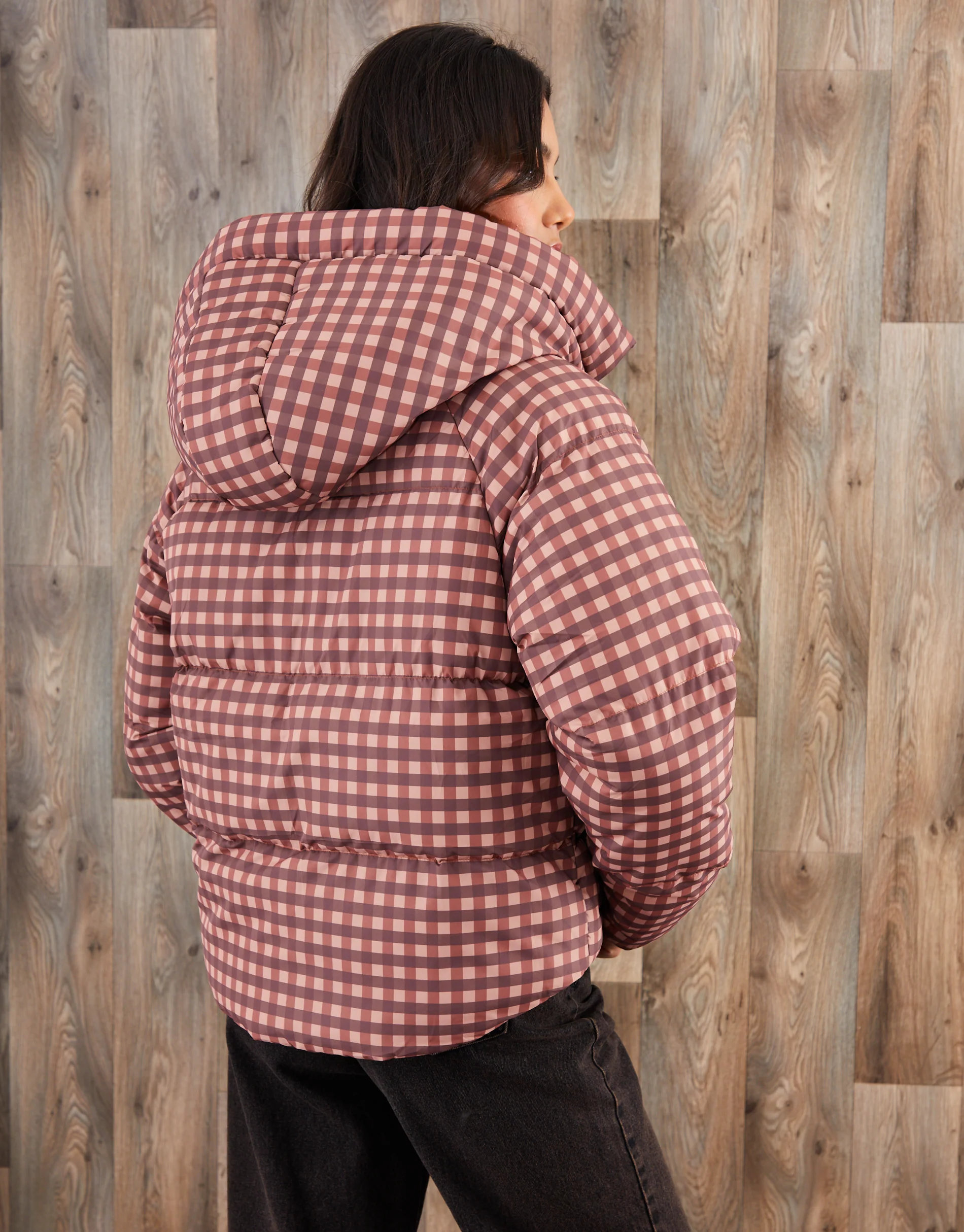 Print Hooded Padded Jacket in Pink Gingham - Image 2