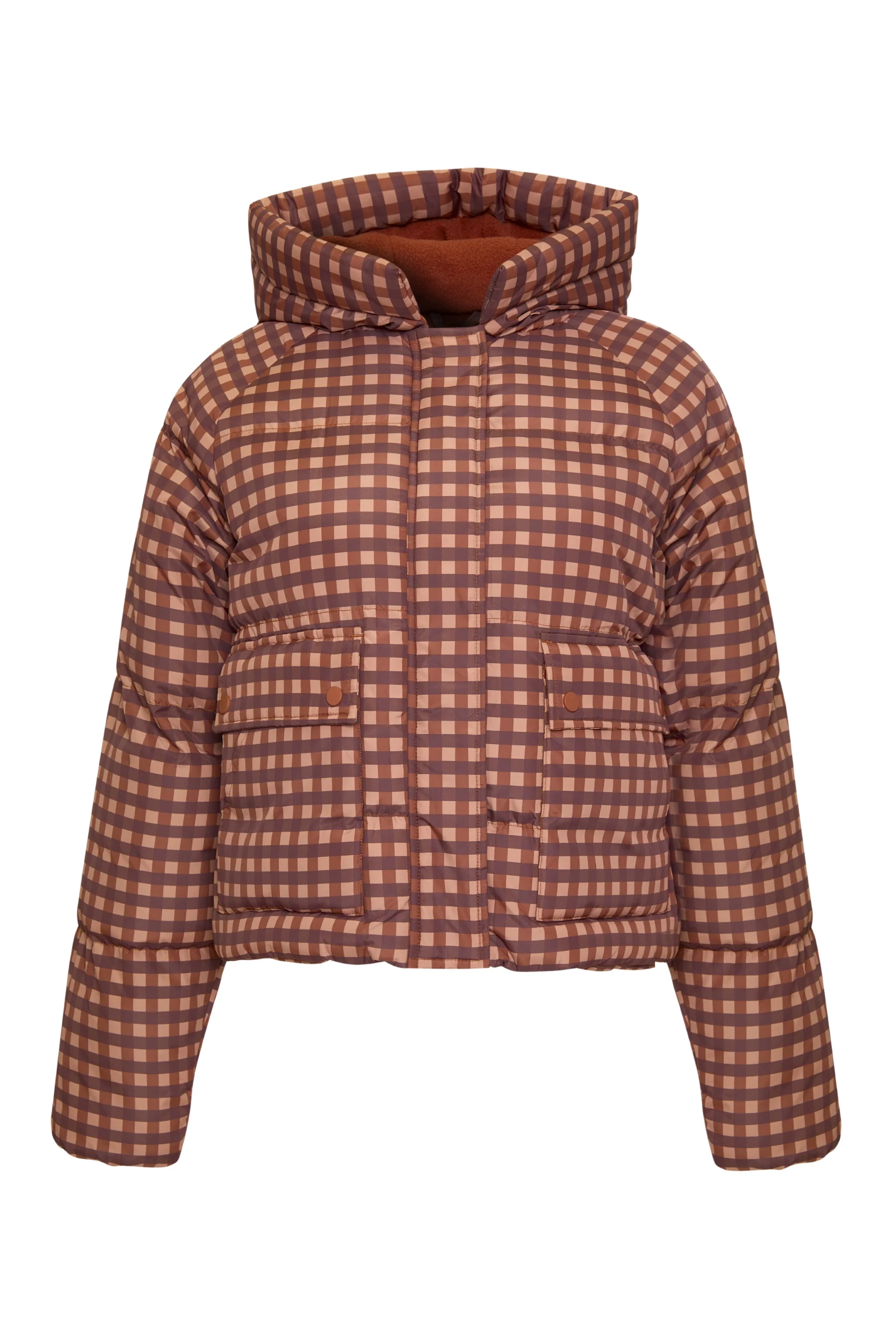 Print Hooded Padded Jacket in Pink Gingham - Image 5