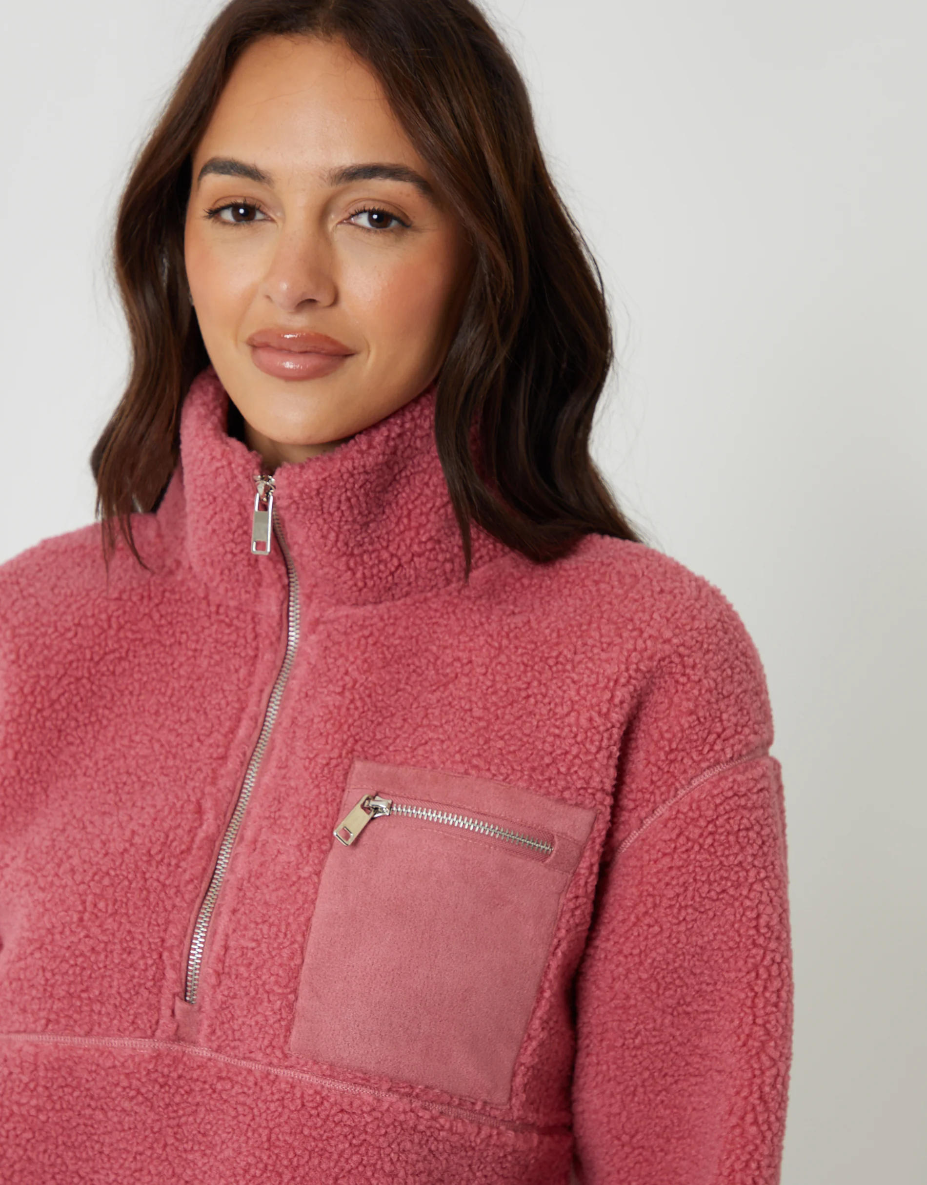 Half Zip Borg Fleece in Pink - Image 2