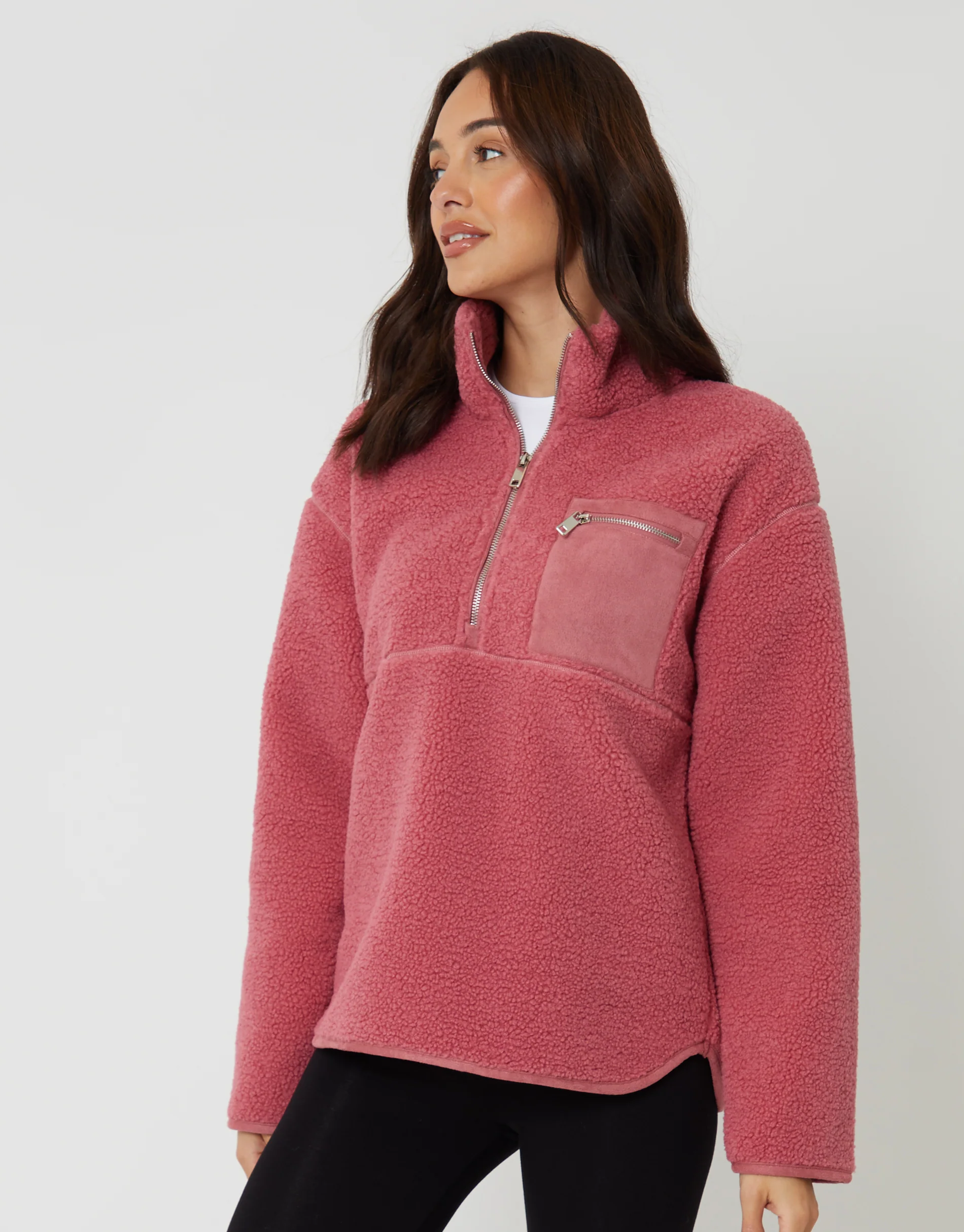Half Zip Borg Fleece in Pink - Image 4
