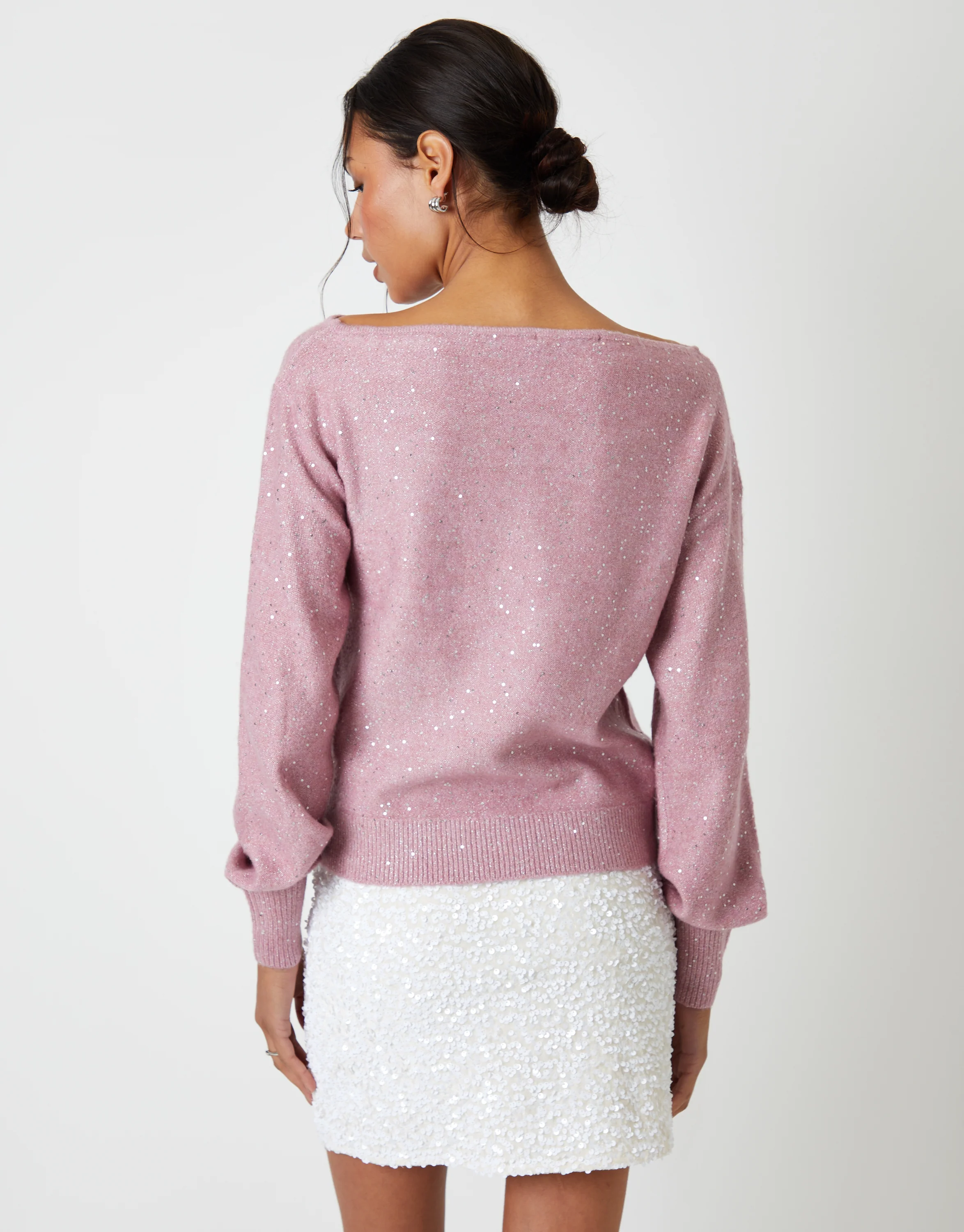 Knitted Sequin Slash Neck Jumper in Pink - Image 5