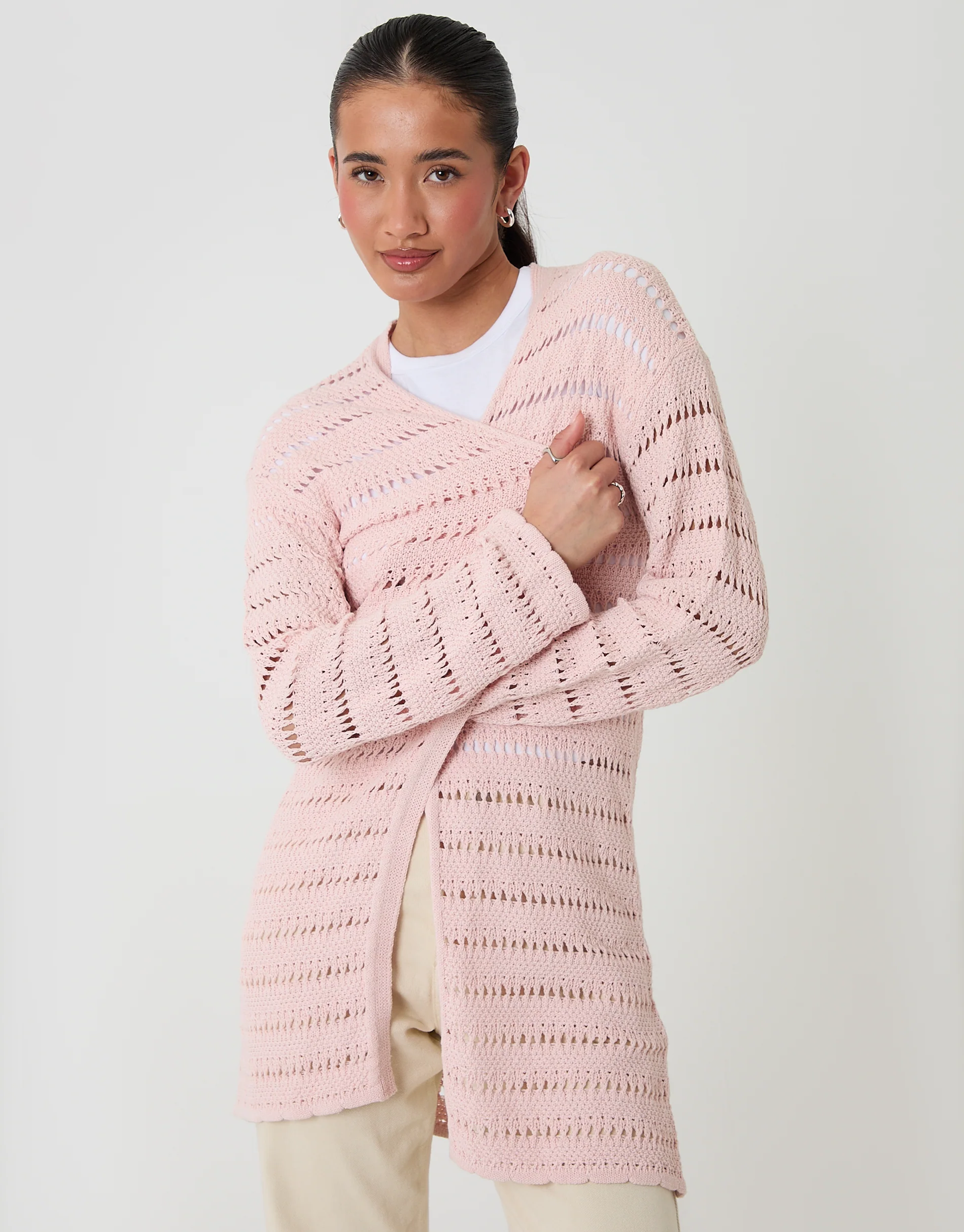 Pointelle Knit Longline Cardigan in Pink - Image 3