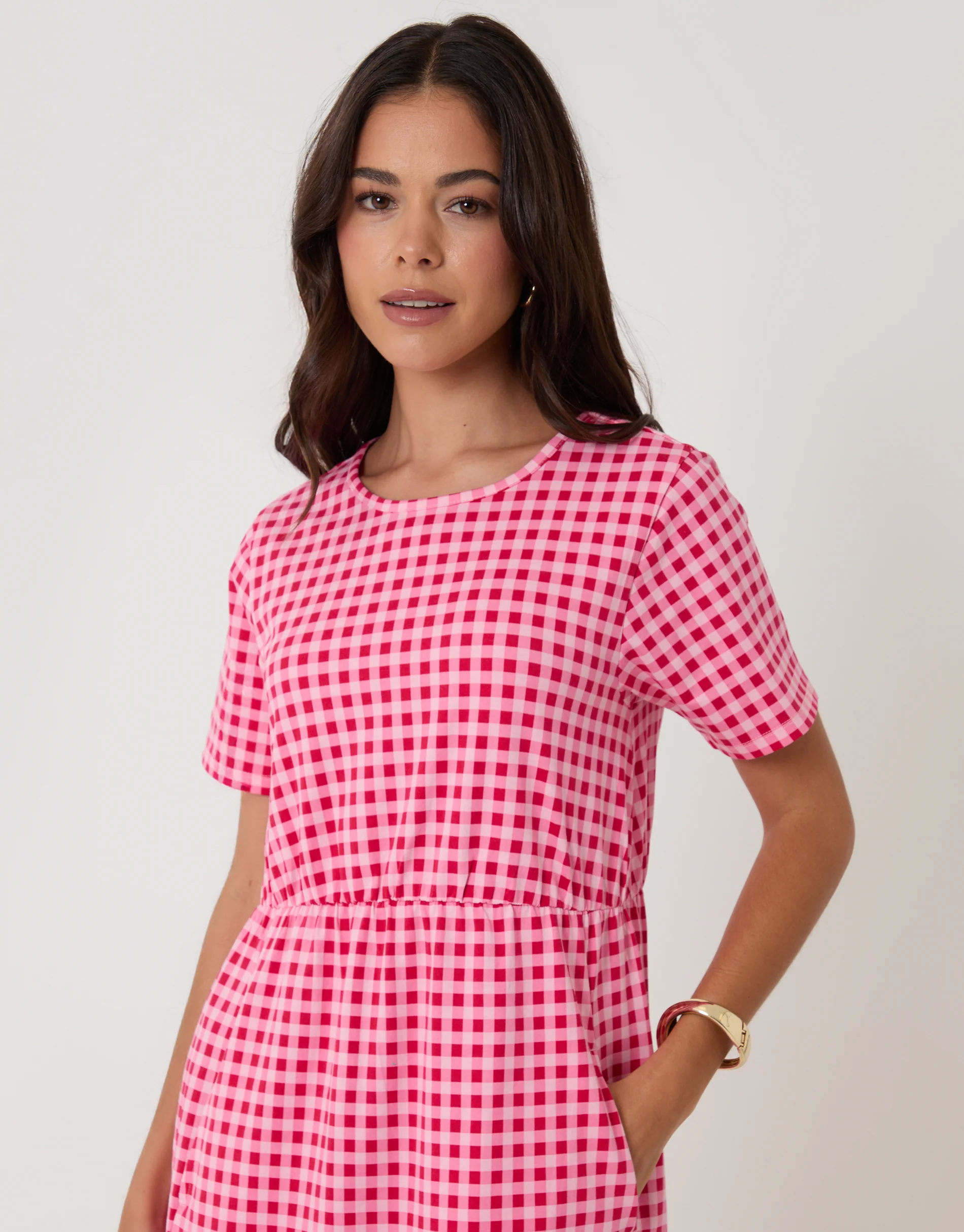 Jersey Midi Smock Dress with Pockets in Pink & Red Gingham - Image 3