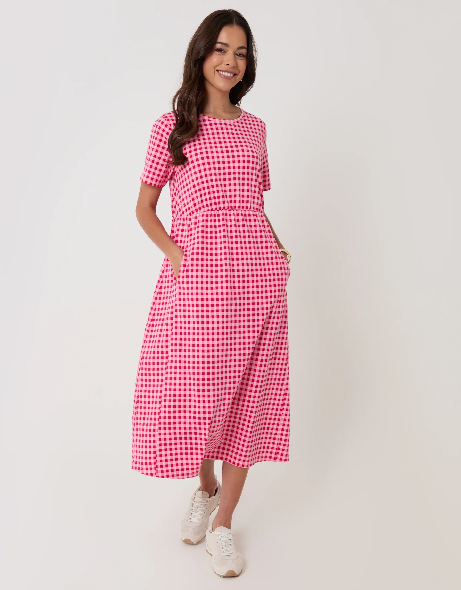 Jersey Midi Smock Dress with Pockets in Pink & Red Gingham - Image 4