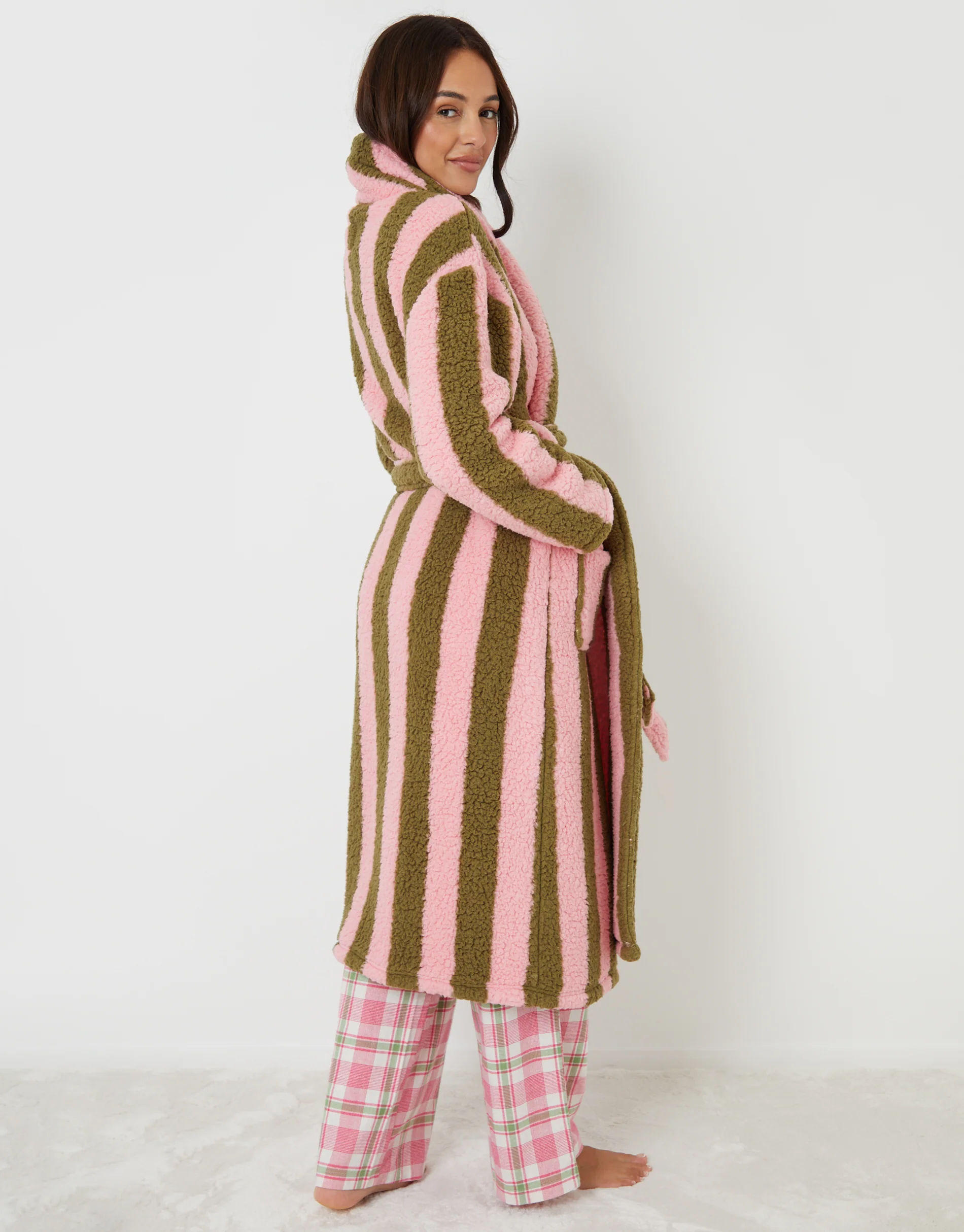 Stripe Borg Dressing Gown in Pink & Green - Image 2