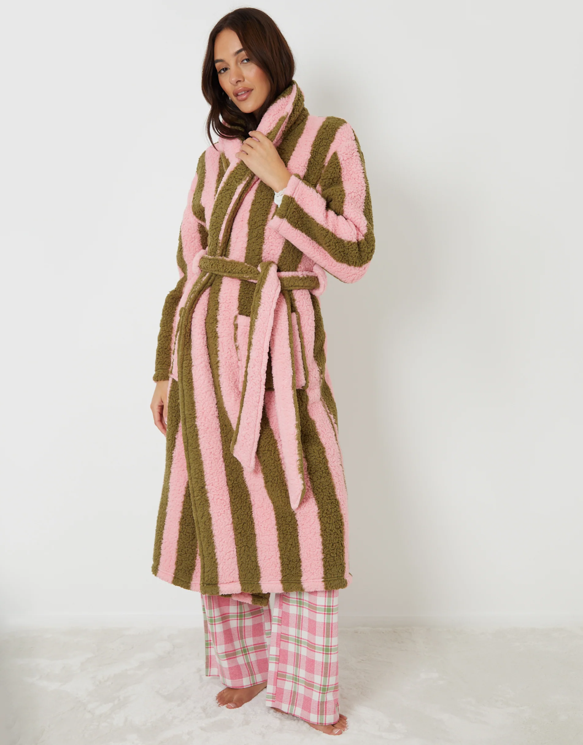 Stripe Borg Dressing Gown in Pink & Green - Image 3