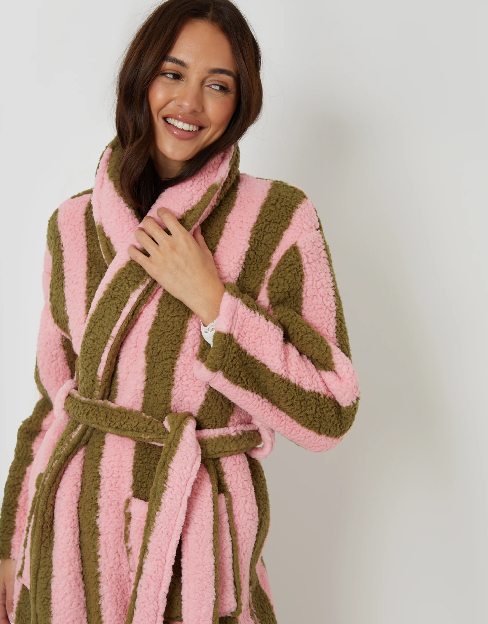 Stripe Borg Dressing Gown in Pink & Green - Image 4