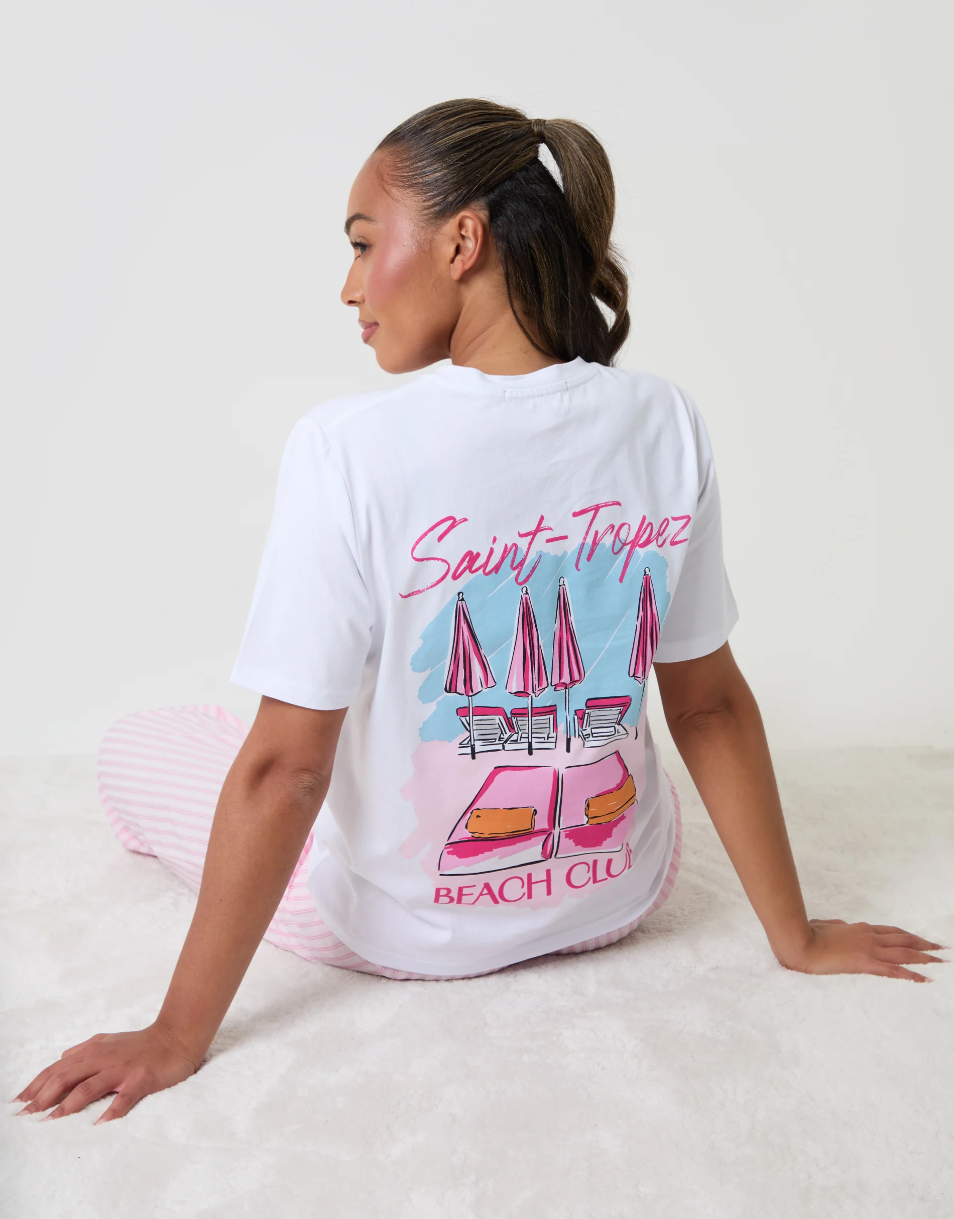 Seersucker Saint Tropez Graphic Print Pyjama Set in Pink Stripe