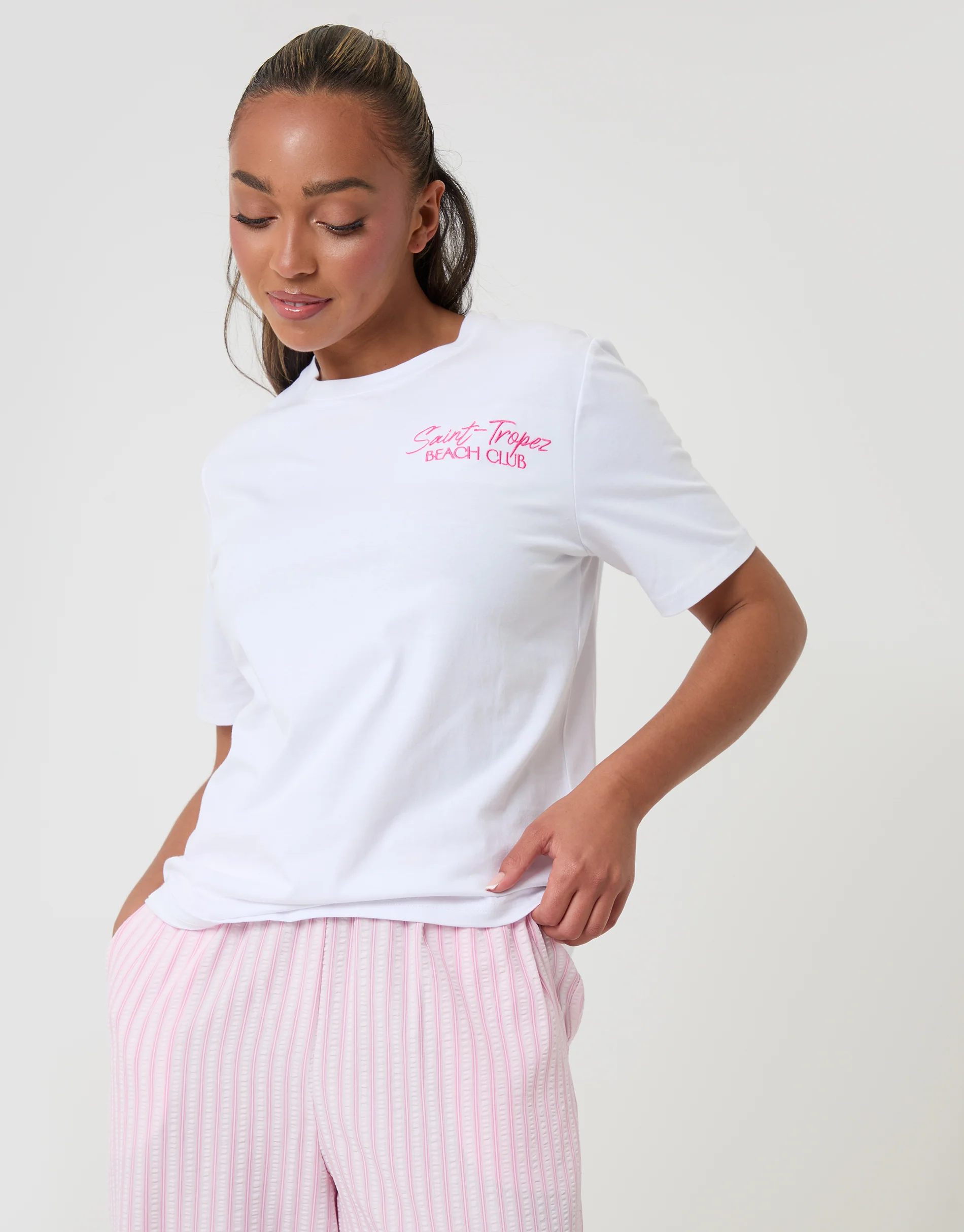 Seersucker Saint Tropez Graphic Print Pyjama Set in Pink Stripe - Image 3